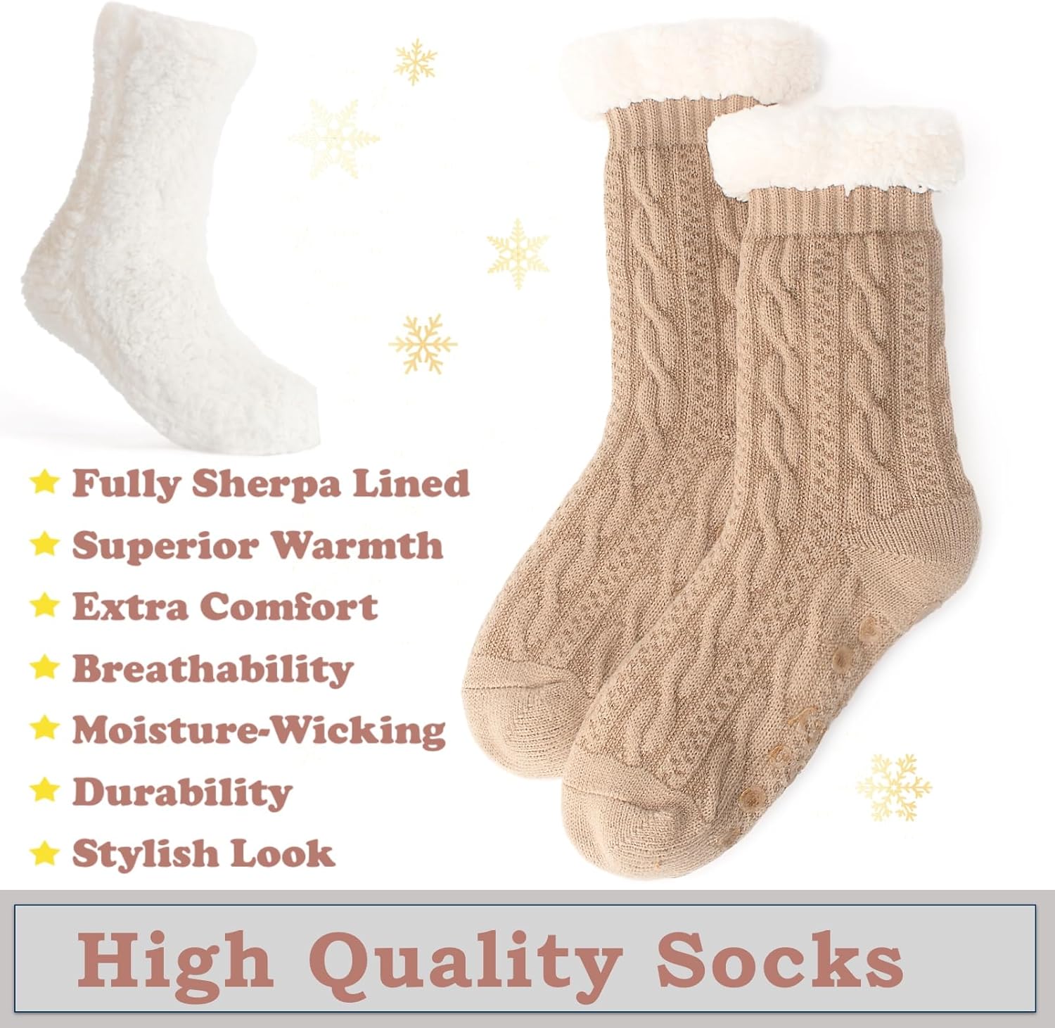 Women's Knit Slipper Socks with Non-slip Grippers, Warm Fuzzy Fluffy Sherpa Lined, Cozy Christmas Gifts - Image 5
