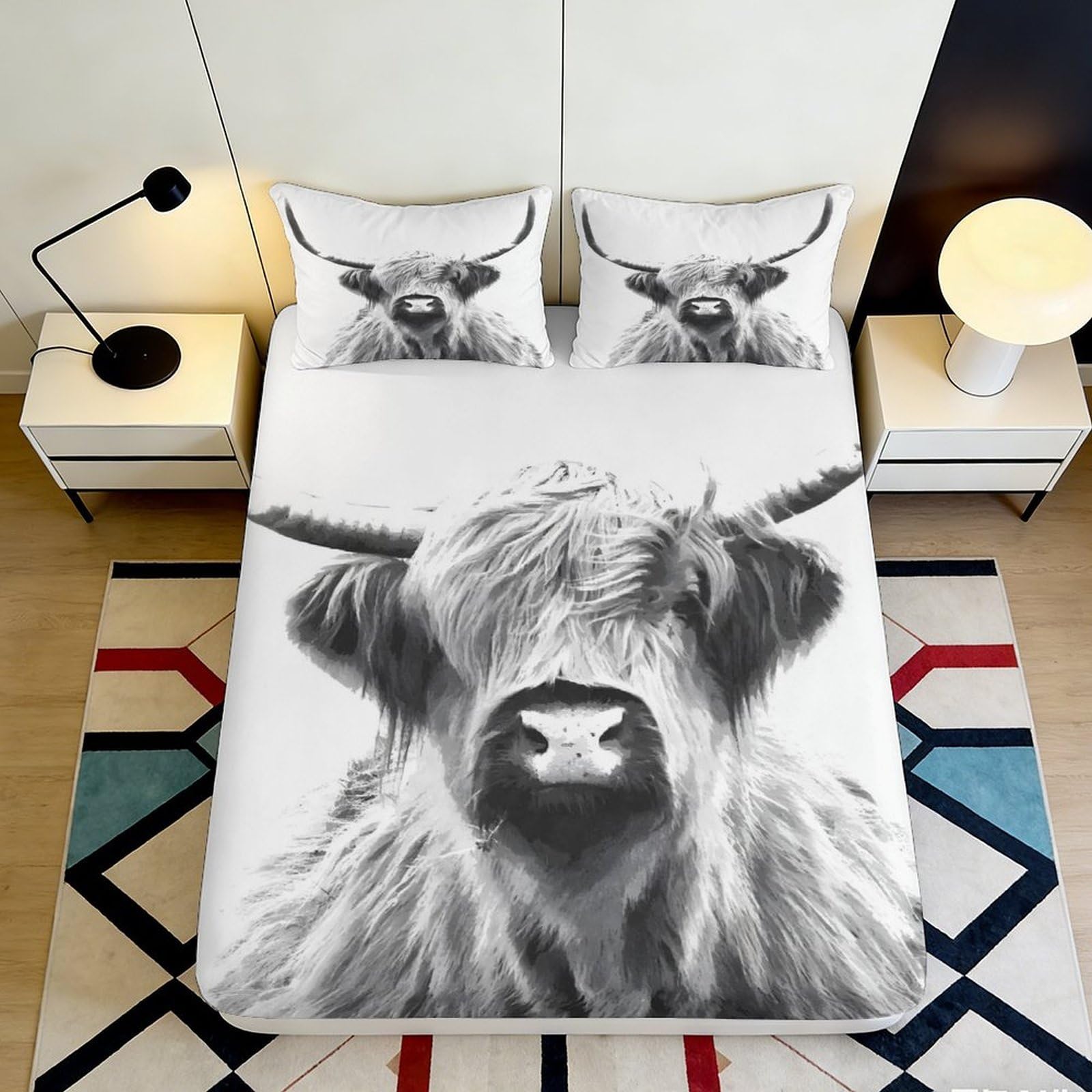 3D Printed Highland Cow Fitted Sheet Microfiber Soft White Black Scottish Cattle Mattress Cover for Bedroom Dorm Mattress Protection Decor 90x200x25cm