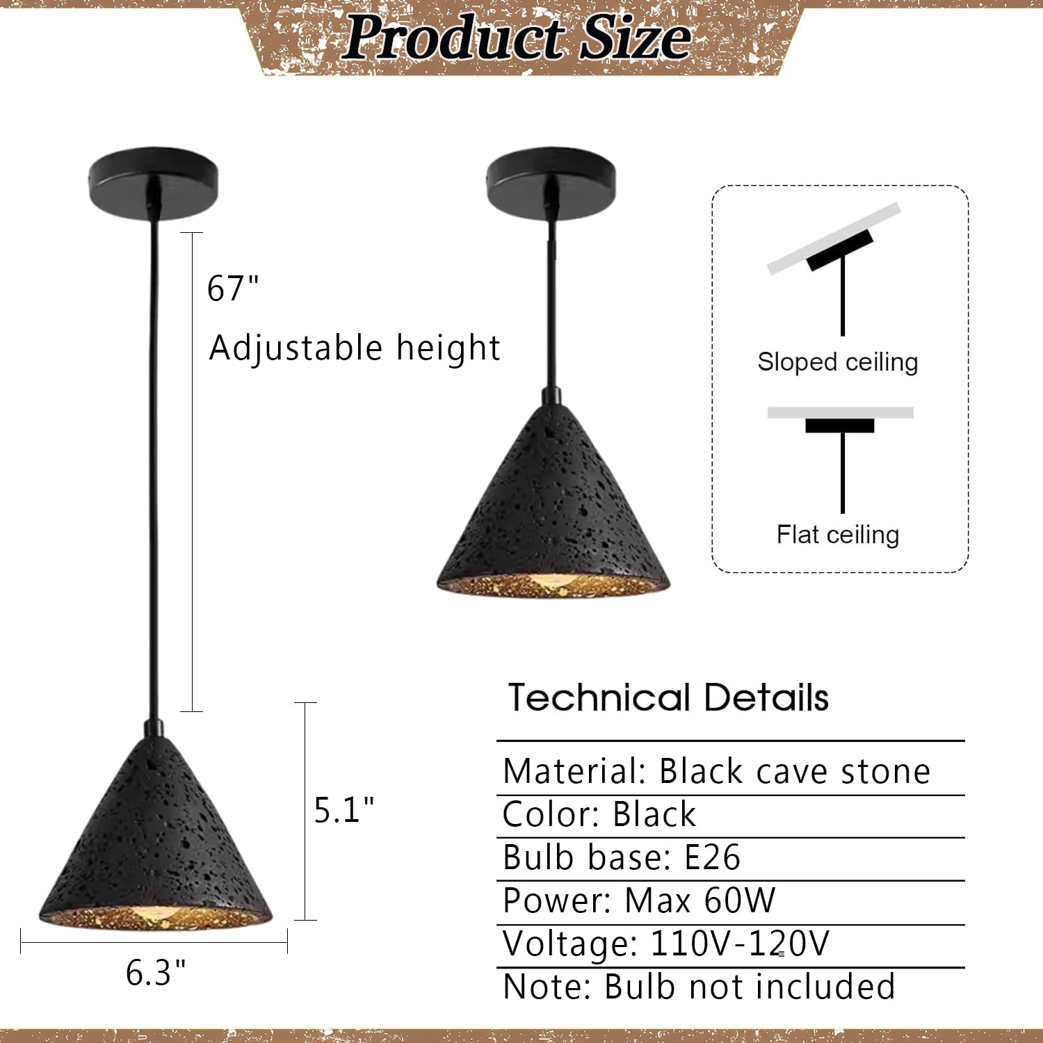 Lampada a sospensione a cono nero, lampada a moderna regolabile for isola cucina, apparecchio di illuminazione a soffitto sospeso in pietra nera naturale industriale