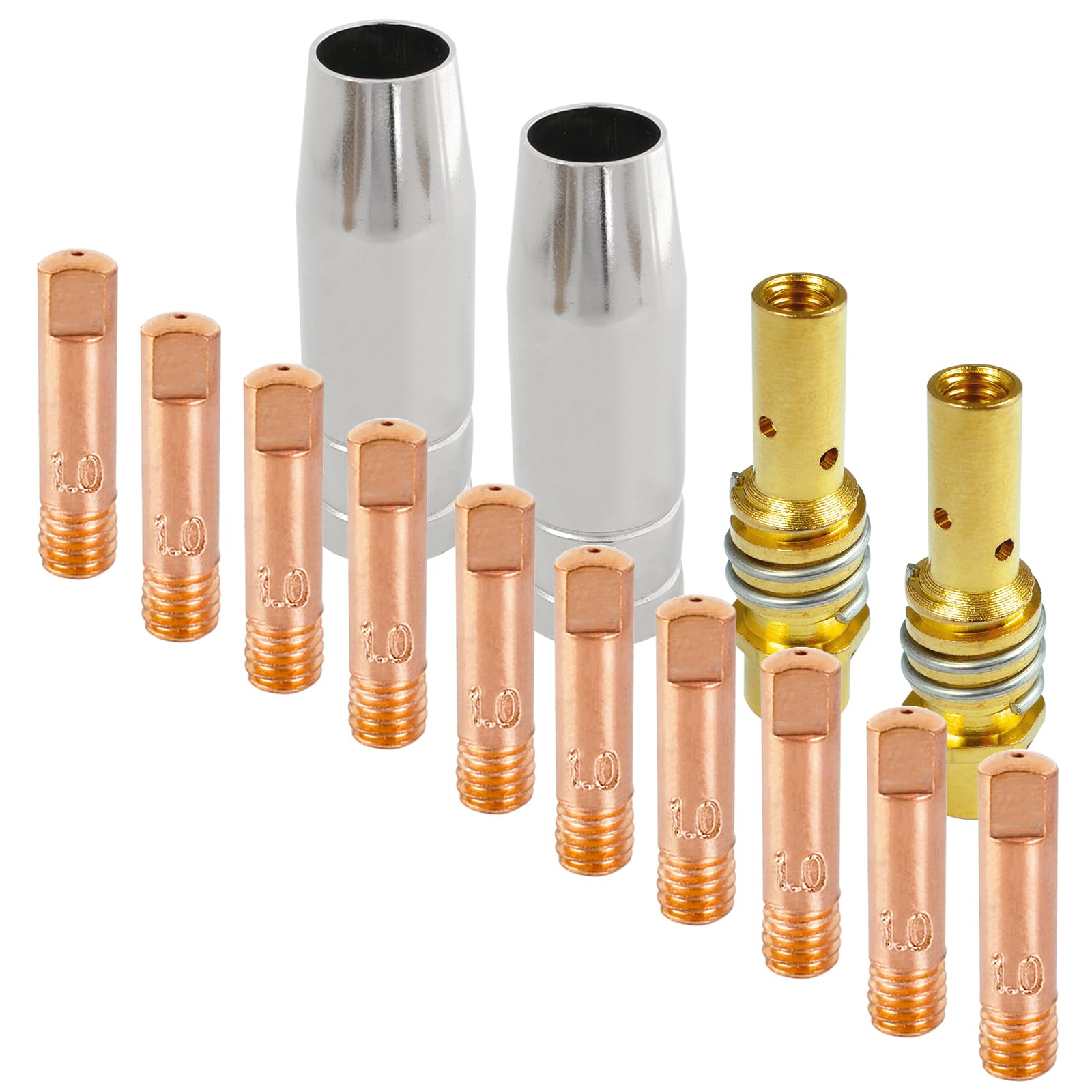 ZFKXGS 14 Stück MB 15AK Mig Mag Schweissgerät Verschleißteile Set Schweißzubehör 10 Stromdüse M6 1,0mm 2 Gasdüse Konisch Steckbar 2 Düsenstock mit Haltefeder Schweißbrenner Ersatzteile