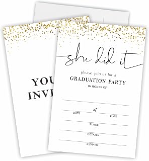 She Did It - 20 Shiny Gold Graduation Invitation With Envelopes, Class Of 2024， High School, Double-Sided Invite Cards For University, College Graduate Celebration, Party Favor & Supplies(A01)