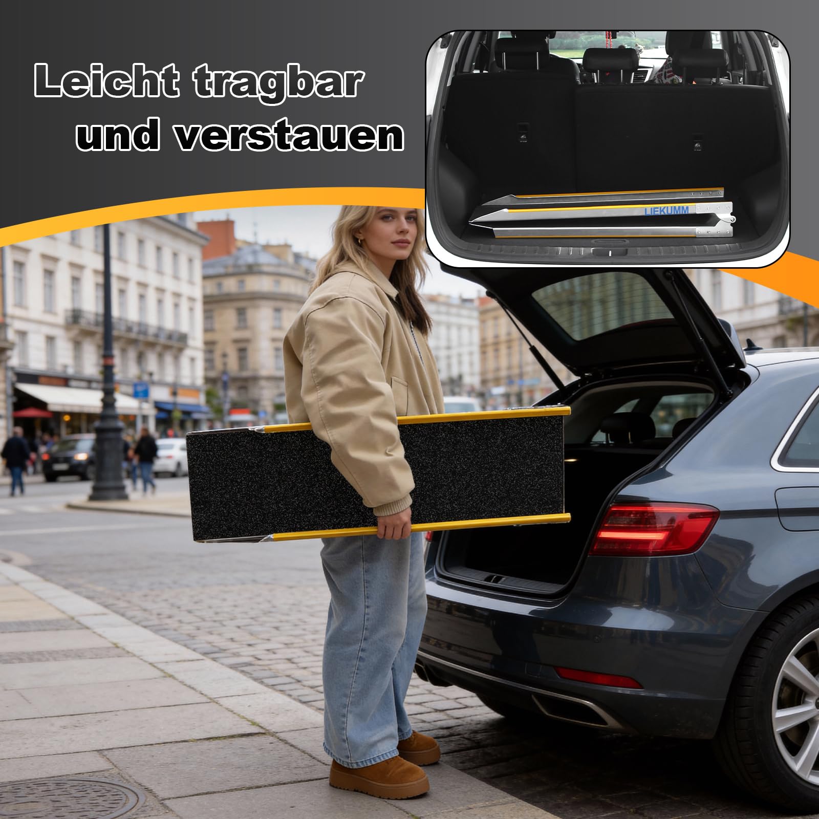 LIEKUMM Auffahrrampe 180 cm, Tragkraft 300 kg, Aluminium Motorrad Rampe Klappbar, rutschfest Auffahrrampe für Anhänger, ATV, Motorrad, Fahrrad, PKW, Auto Laderampe