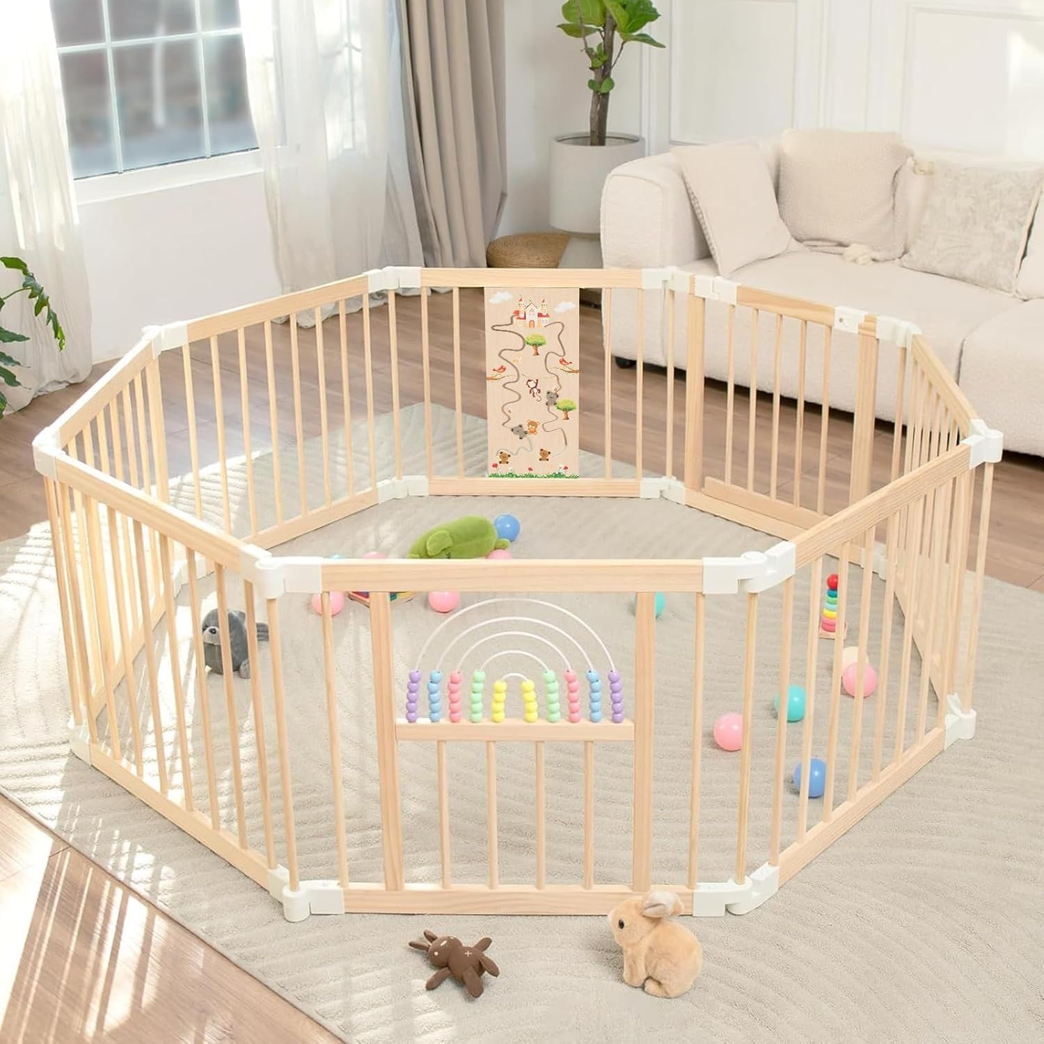 Baby Laufstall mit Spielzeug, Faltbares Holz Laufgitter 145×145×61cm | Sicherer & stabiler Großes Babys Laufgitter,Nachhaltiger Laufstall,Fröhliche Krabbelbereich für 1-3 Jahren Babys＆Kleinkinder