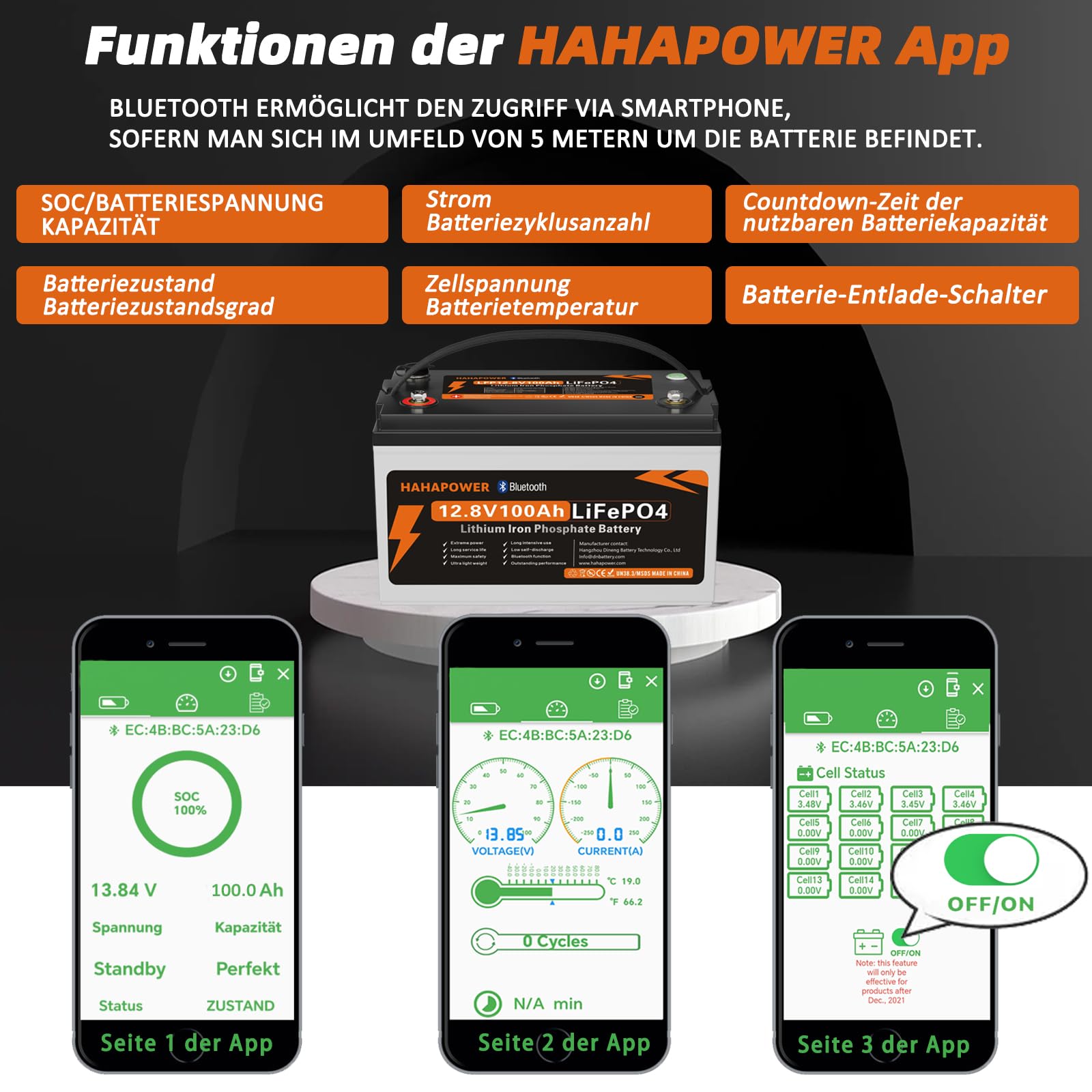 12.8V 100Ah Bluetooth LiFePO4 Batterie, 150A Strom BMS, Smart Power Knopf, Schutz vor niedrigen Temperaturen, Max 15000Cycles, Perfekt für RVs, Wohnmobile, Solaranlagen, Off- Grid