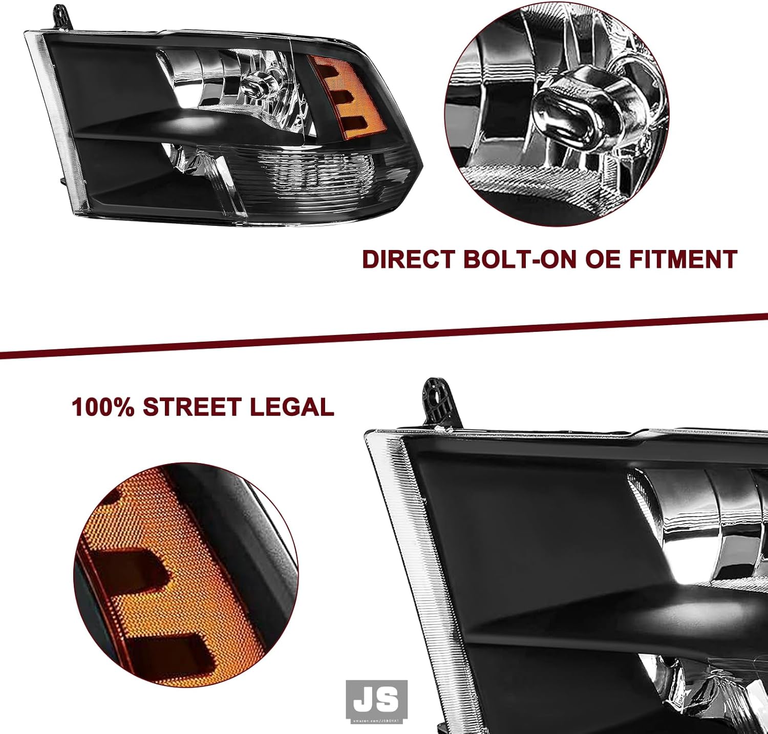 JSBOYAT Headlight Assembly Compatible With 2009-2018 Dodge Ram 1500, 2010-2018 Dodge Ram 2500 3500 Pickup Only for Quad Style Bulbs Included (Black Housing with Amber Reflector)