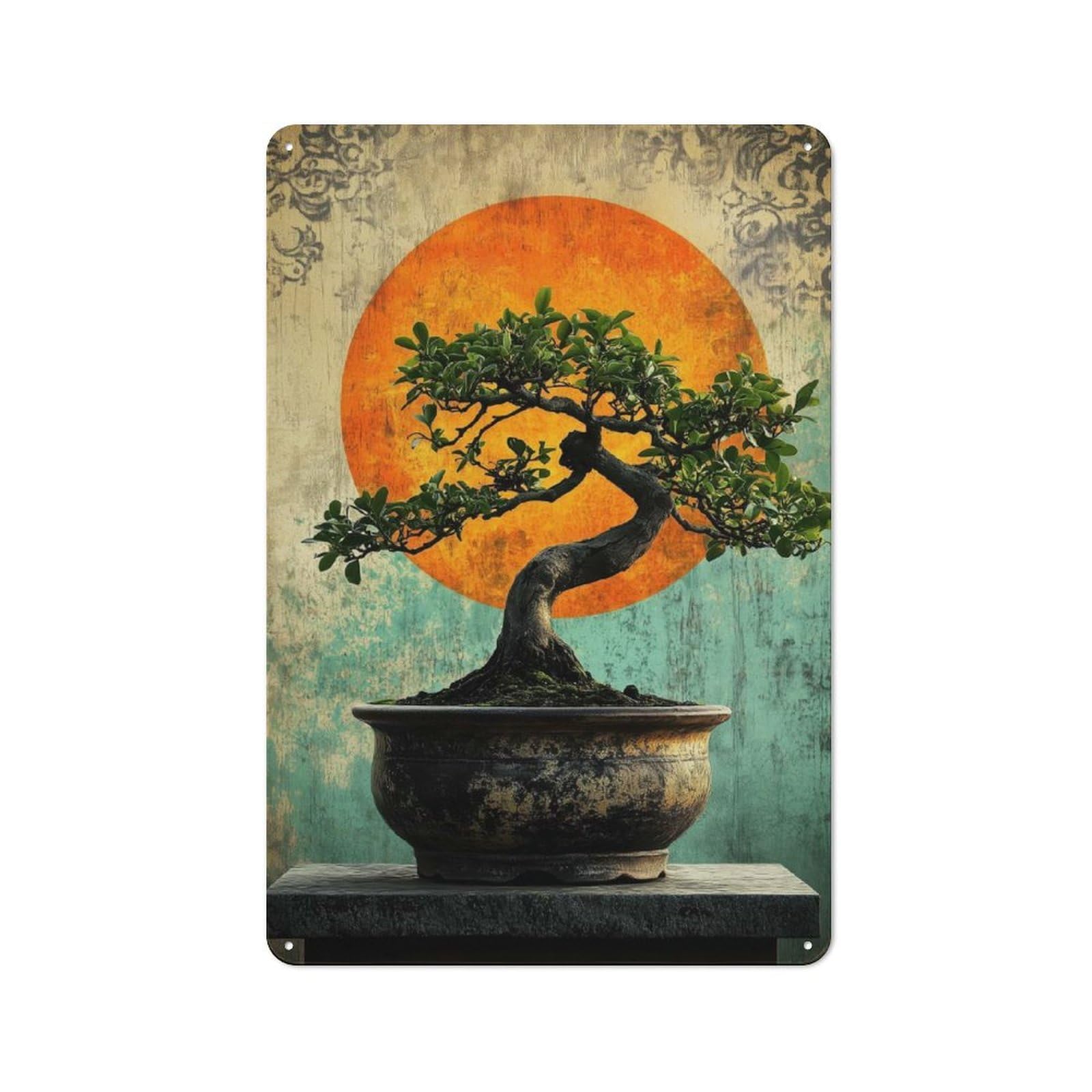 Bonsai Tree with Sunset Clean Industrial Metal Wall Decor 30x20cm, Industrial Metal Sign for Workspace, Cafe, Hallway Or Garage