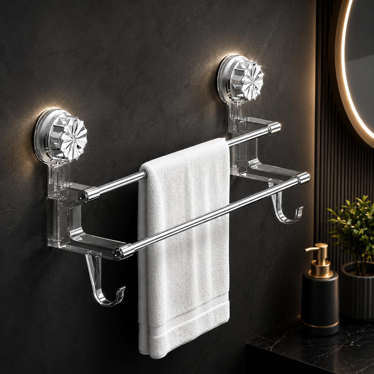 Suction Towel Rack for Bathroom, No Drill Wall Mounted Aluminum Towel Holder with Hooks, Self Adhesive Rustproof Bathroom Towel Hanger, Damage-Free Install(38.5 CM)-image-37