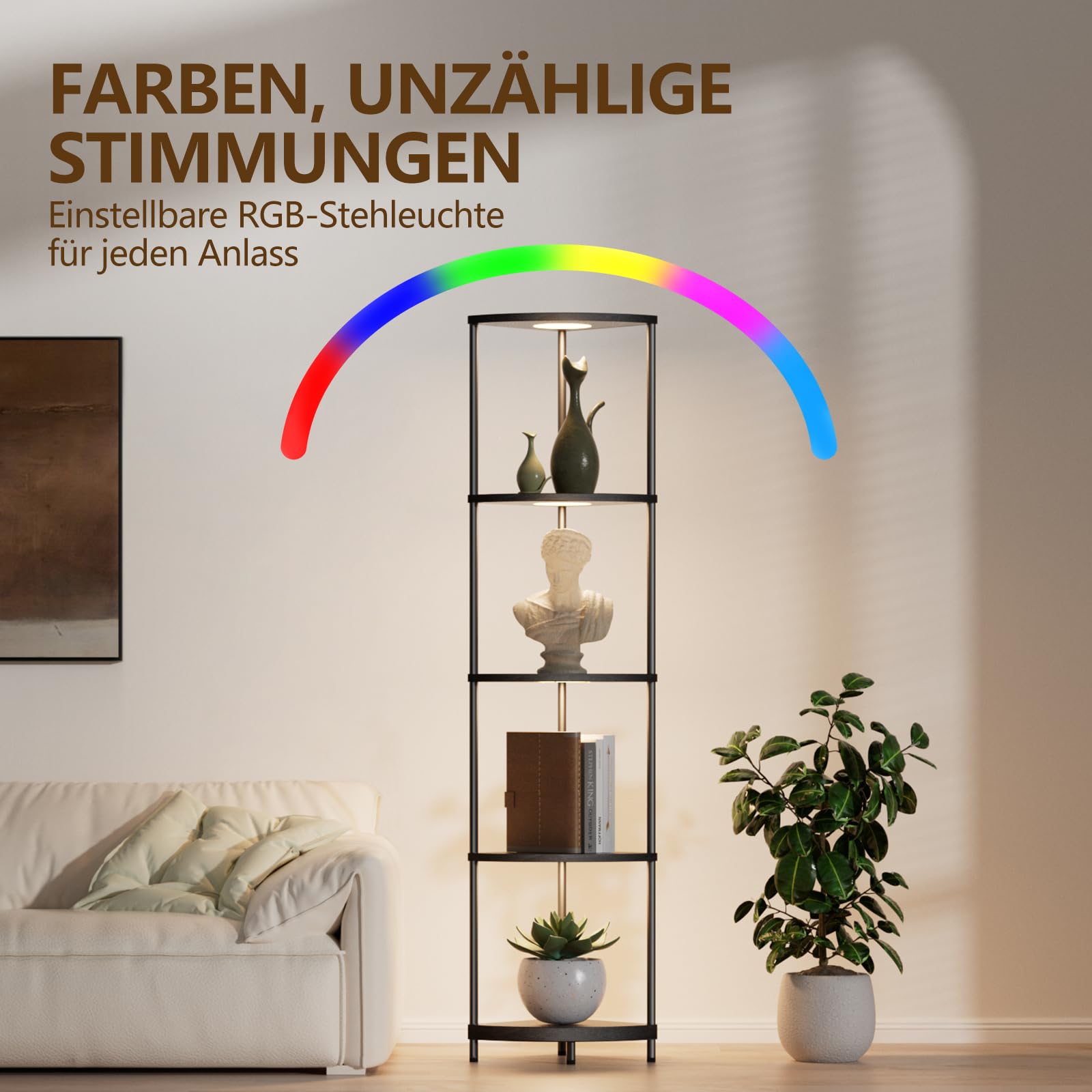 Stehlampe mit Regal Dimmbar 2700K-6500K stehlampe wohnzimmer 4 Farbtemperaturen 6 Farben Standleuchte mit 4 Holzregal und Fernbedienung für Schlafzimmer Ecke Wohnzimmer Büro