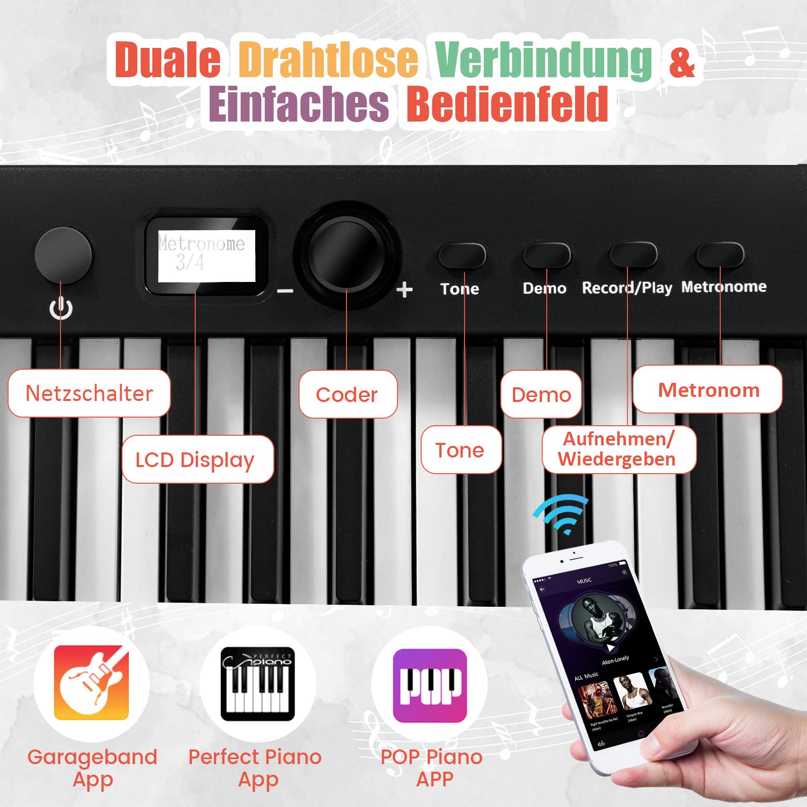 DREAMADE 88 Tastatur Keyboard mit Notenständer, Pedal, LCD-Display & LED-Licht Lehrfunktion, Klappbar & Tragbar E-Piano für Kinder und Anfänger (Schwarz)