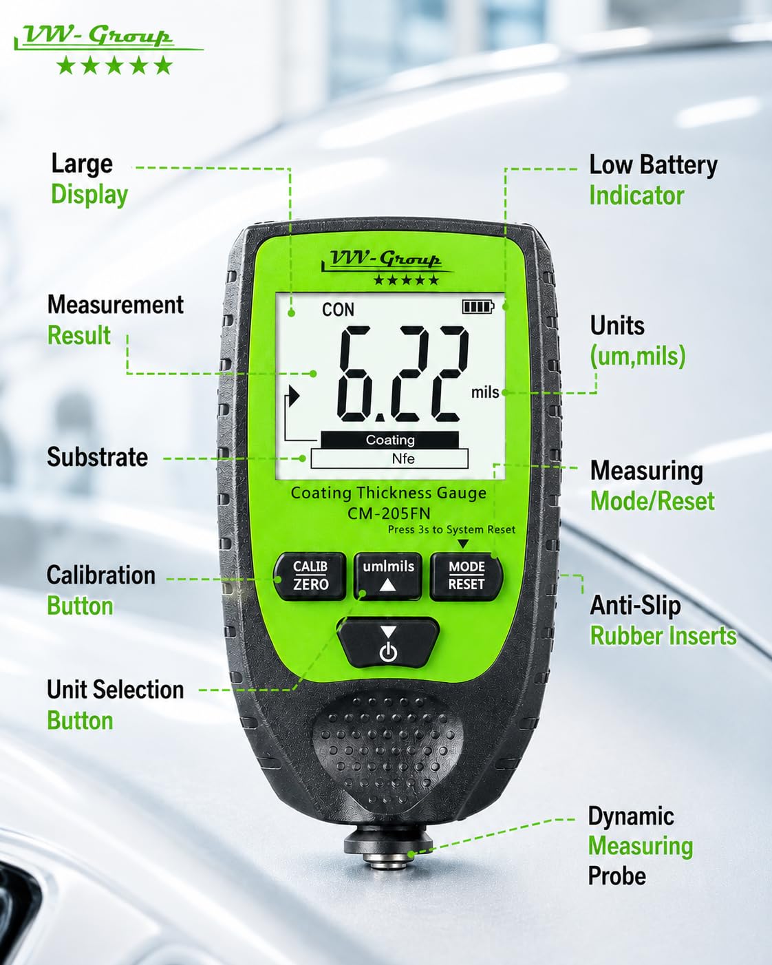 Paint Thickness Gauge CM-205FN for Cars Digital Coating Thickness Meter Auto FeNFe Detection 0.1 m Resolution 01500 m 059.1 mils 3%2 m Accuracy Backlit LCD product thumbnail 4