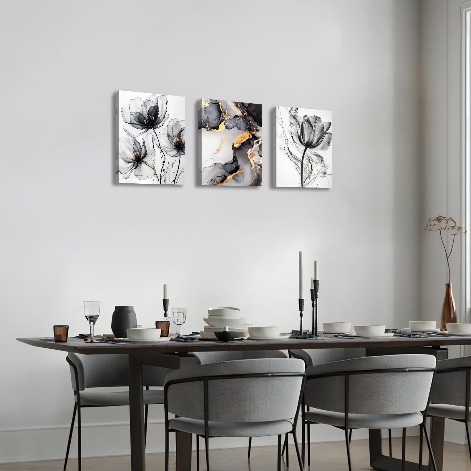 3 Pcs Wooden Framed Canvas Wall Art Canvas Prints Watercolour Poppy Flowers Painting Marble Black Ash Gold Abstract Pictures for Living Room Bedroom Bathroom Home Wall Decoration 30x40 cm x3pcs - Image 3