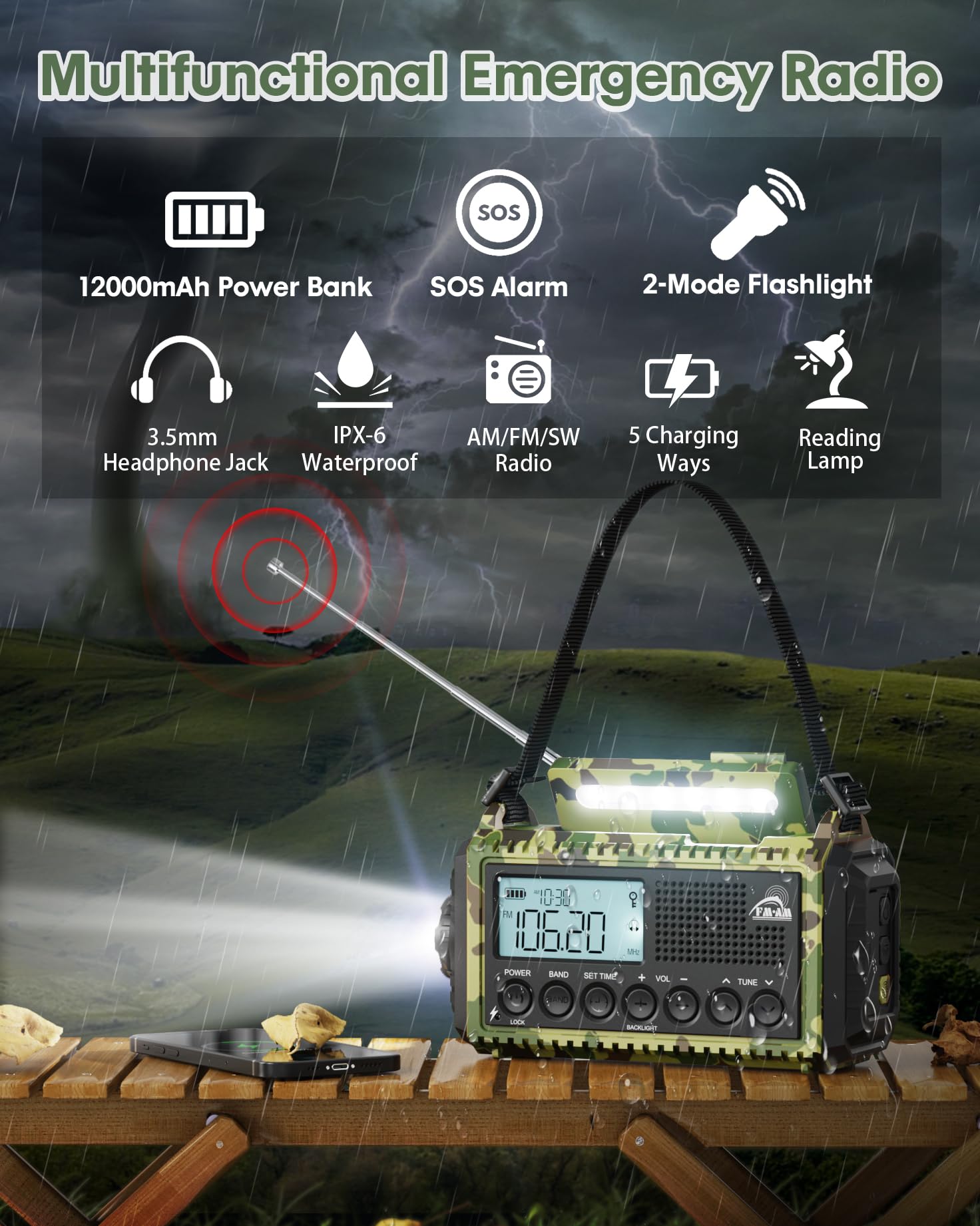 AM/FM/SW - Radio de manivela para obras, radio de emergencia, radio solar portátil, linterna y luz de lectura, pantalla LCD, USB, alarma SOS, manivela de mano, equipo de emergencia para ourdoor,