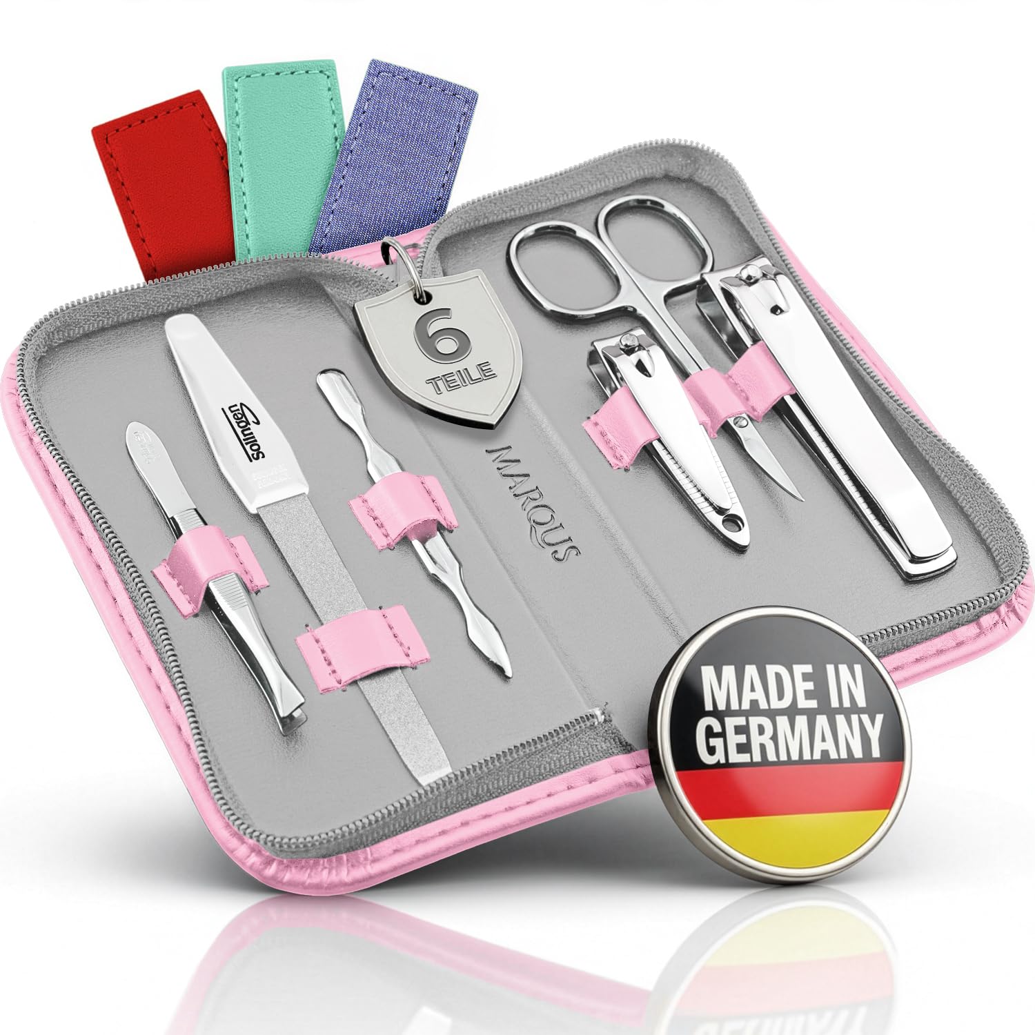 Maniküre Set Solingen mit Top Preis/Leistung - Kunst-Leder Etui handlich und weich - 6teiliges Nagelset für Damen und Herren marQus aus glanzvernickeltem poliertem Stahl