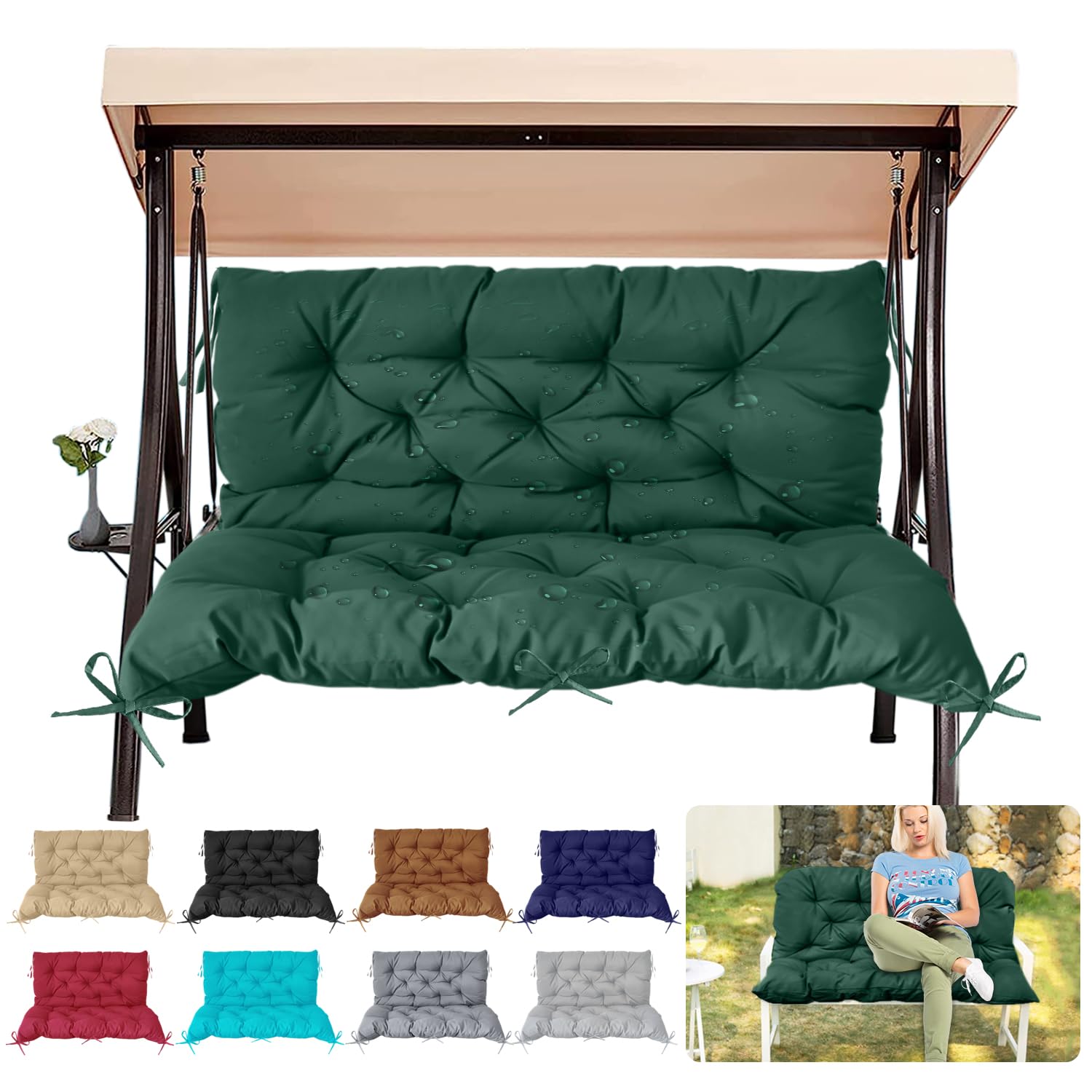 Outdoor/Indoor Swing Replacement Cushion, 2 or 3 Seats Bench Cushions with Backrest, Thicken 4