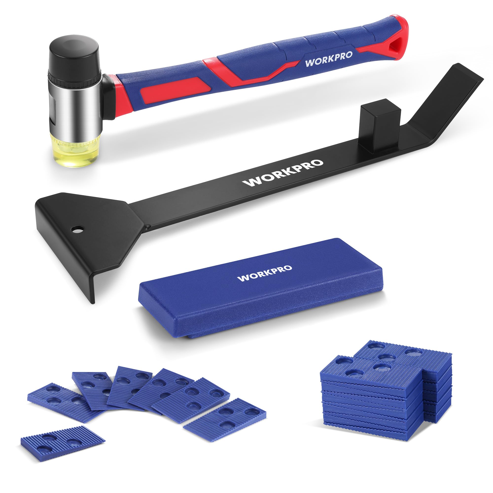 WORKPRO43PC Laminate Flooring Installation Kit- Rubber Mallet with Fiberglass Handle, 17” Heavy Duty Pull and Pry Bar, Solid Tapping Block and 40 Spacers- Premium Wood Flooring Installation Tool