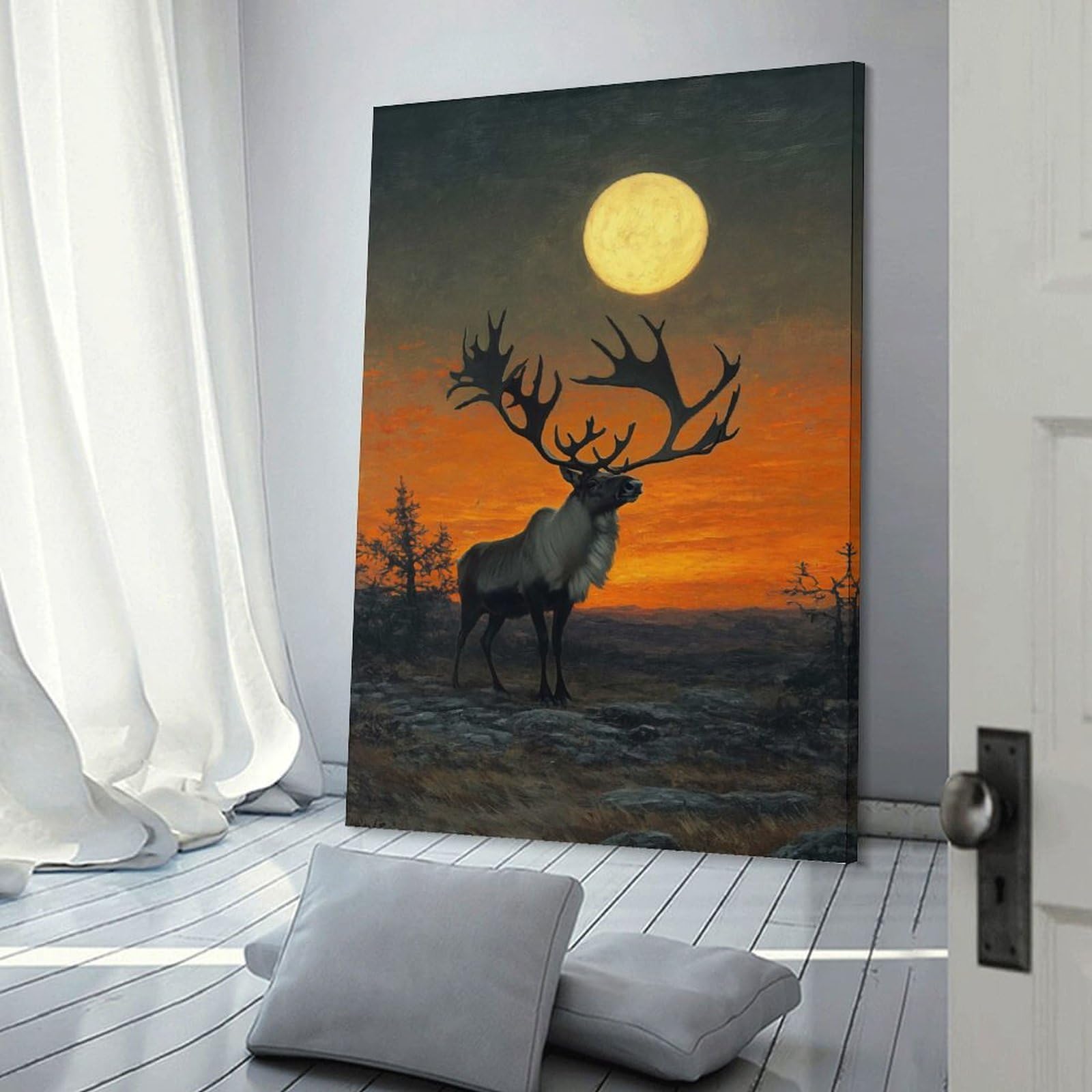 Junmoney Frame-Style-9 Canvas Art Print Reindeer Under Full Moon, 24X36inch(60X90cm), For Office, Study Or Home Workspace, Wall Art That Adds Style To Work Areas