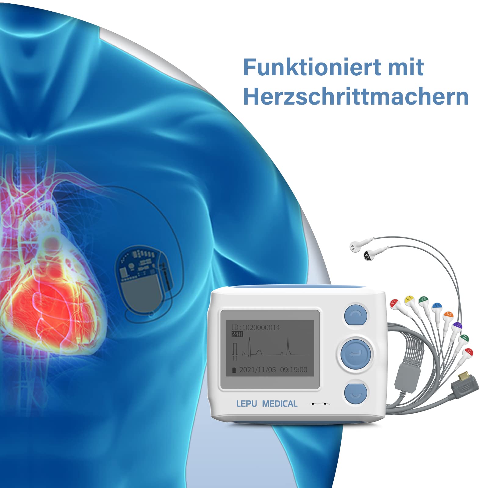 Wellue EKG Gerät 12 Kanal, 24h Holter EKG Monitor mit AI-ECG Analyse, Funktioniert mit PC und Mac, Tragbarer Mobiles 6 8 Kanal 24-Stunden Langzeit EKG Gerät für Zuhause