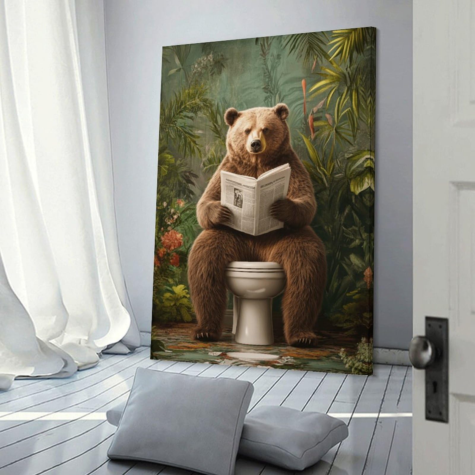 Junmoney Frame-Style-9 Bear Reading Newspaper On Toilet Room Decor Wall Art 20X30inch(50X75cm), For Entrance Walls, Hall Decor Or Foyers, A Neat Decor Update For Hallways