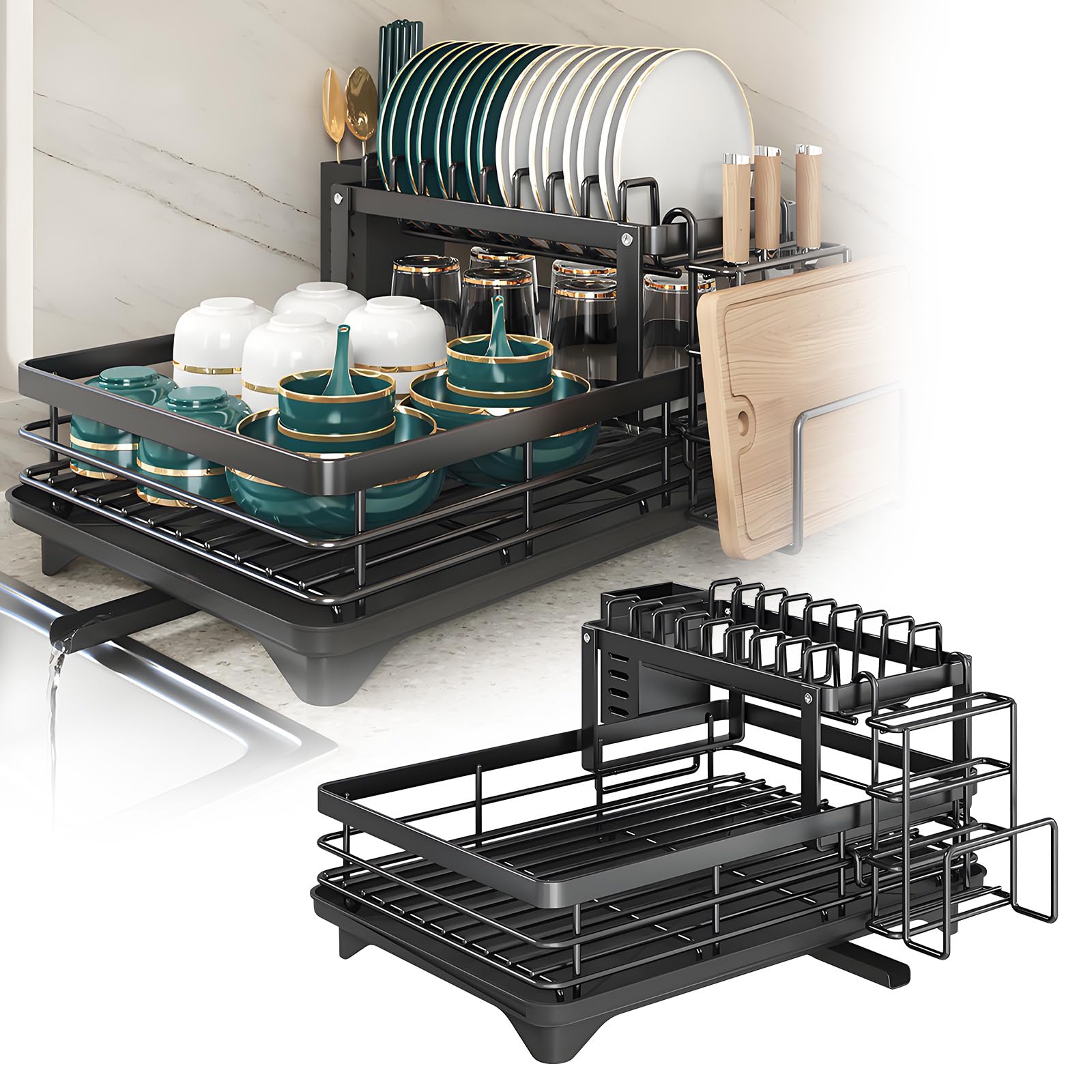 ZYNERY Grande Capacité Égouttoir à Vaisselle Noir, Egouttoir Vaisselle 2 Niveaux avec Plateau d'égouttage, Drainage Automatique Rangement Vaisselle Cuisine pour Comptoir de Cuisine
