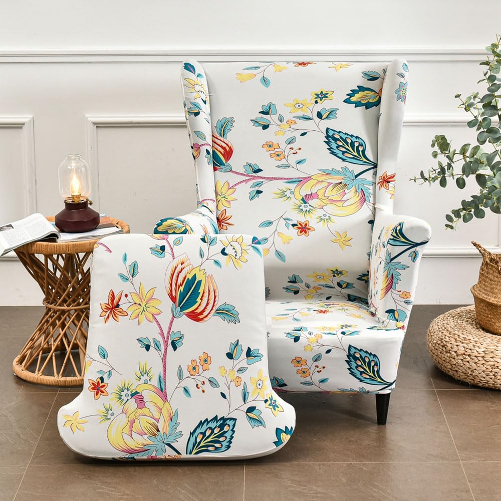 Chickwin Stretch Wingback Chair Slipcover, Plants Flowers Living Room Chair Covers Furniture Protector, Spandex Wing Back Chair Covers with Arms (Yellow Flower)