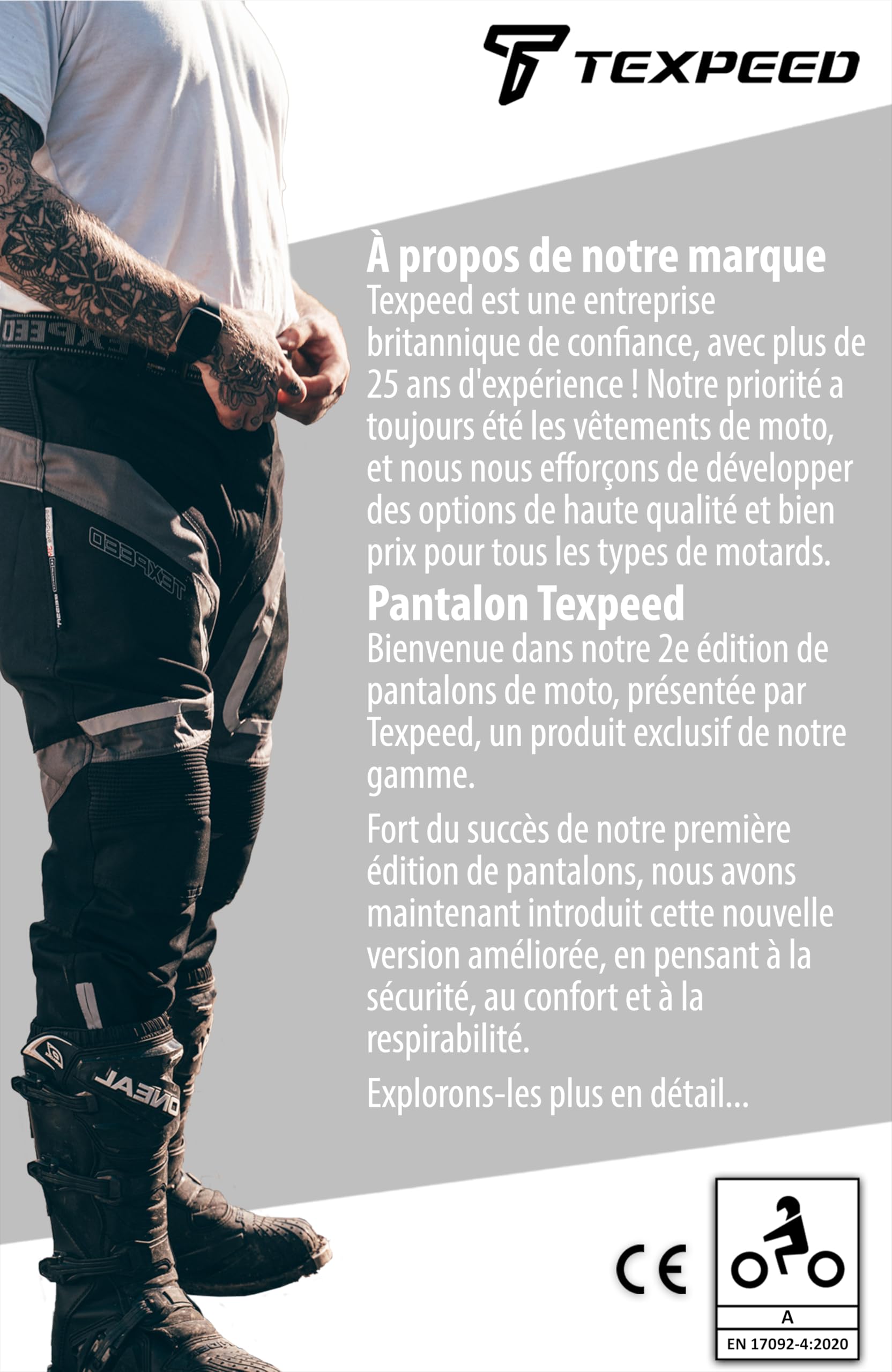 Texpeed Pantalon Moto Homme Homologué - Hiver/été Cordura Imperméable - Avec Armure CE Protection (EN 1621-1) Gris - XL Taille/Longue Jambe
