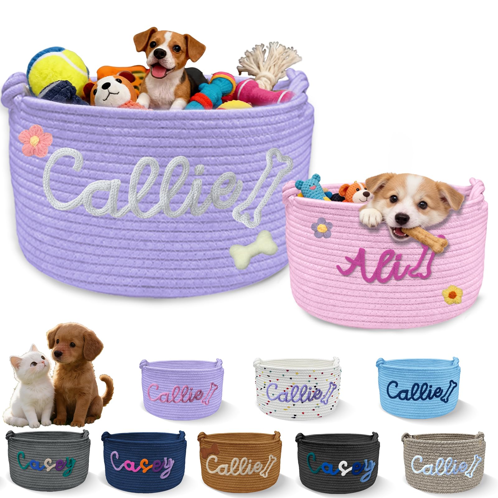 Sastridft Personalised Dog Toy Basket with Embroidery Name Custom Cotton Rope Pet Storage Bin for Toys Treats Large Capacity Storage Bin with Handle Home Organizer & Pet Gift
