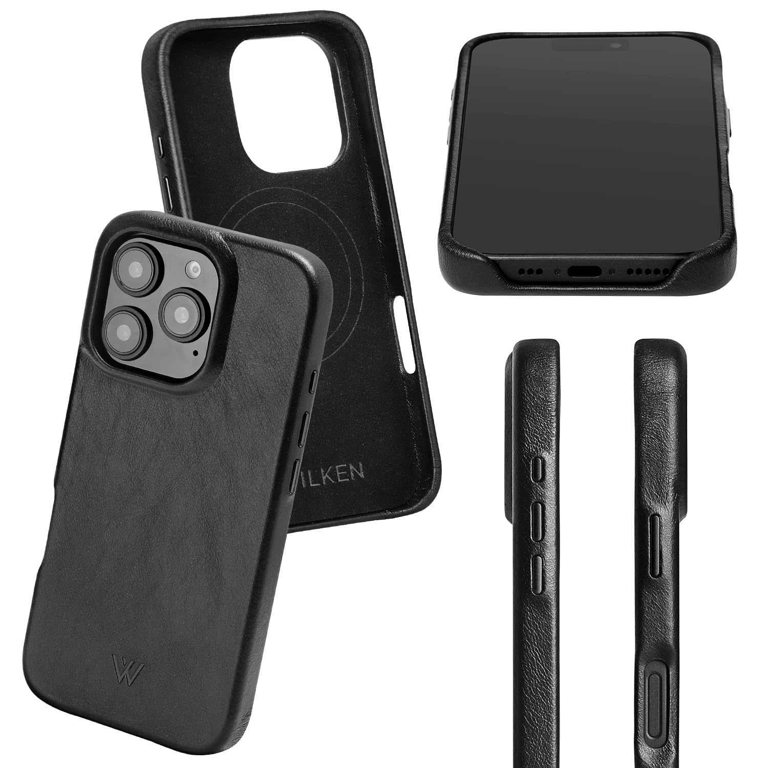 Wilken - Funda envuelta en cuero compatible con iPhone 16 Pro Max, compatible con MagSafe y carga inalámbrica, cuero de grano superior, controles de botón de metal personalizados (16 Pro Max, negro)