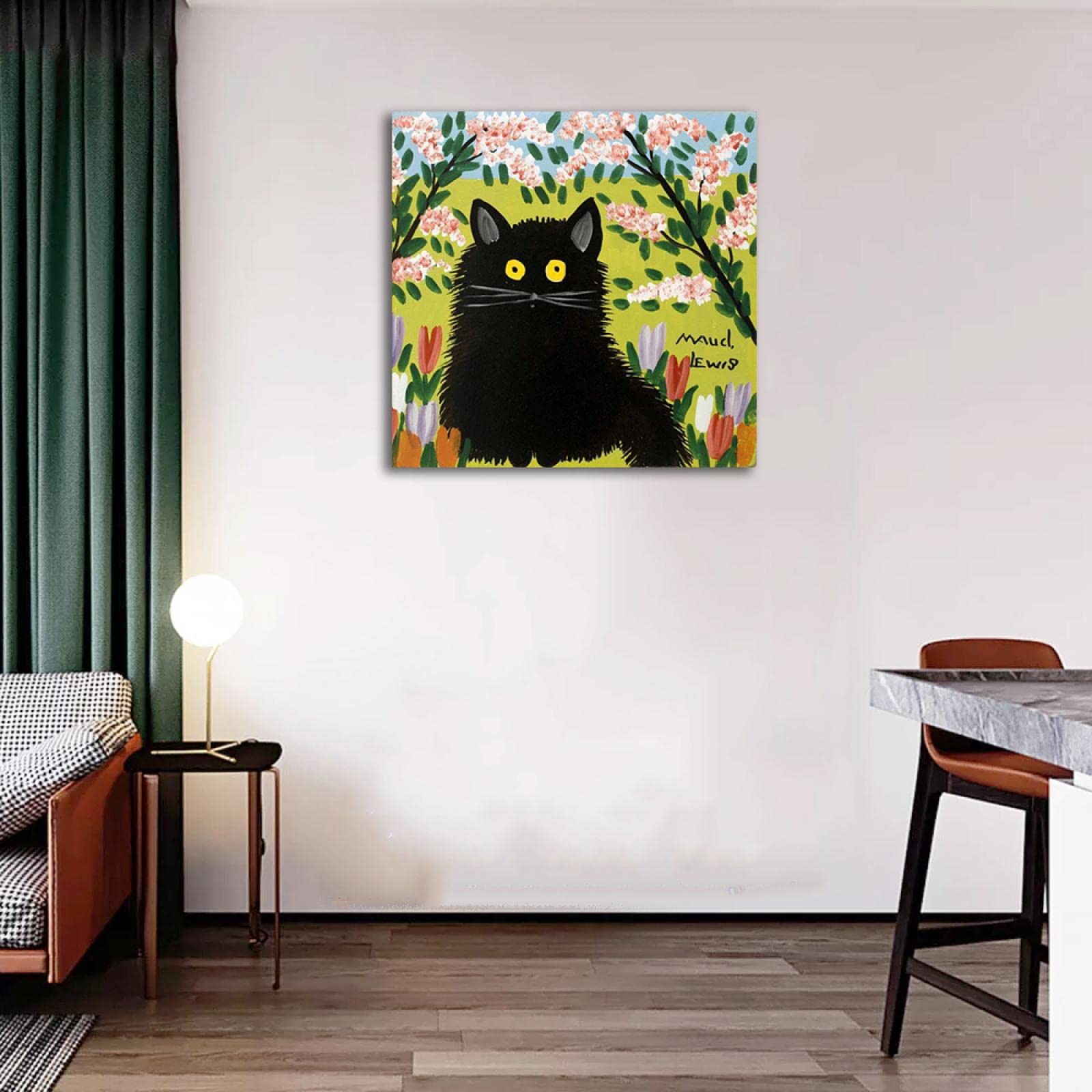 HEIMAO Berühmte Leinwandmalerei. Maudie Lewis Leinwandbilder. Weiße Katze Tier Bild Ölgemälde Reproduktion für Wohnzimmer Wohnkultur