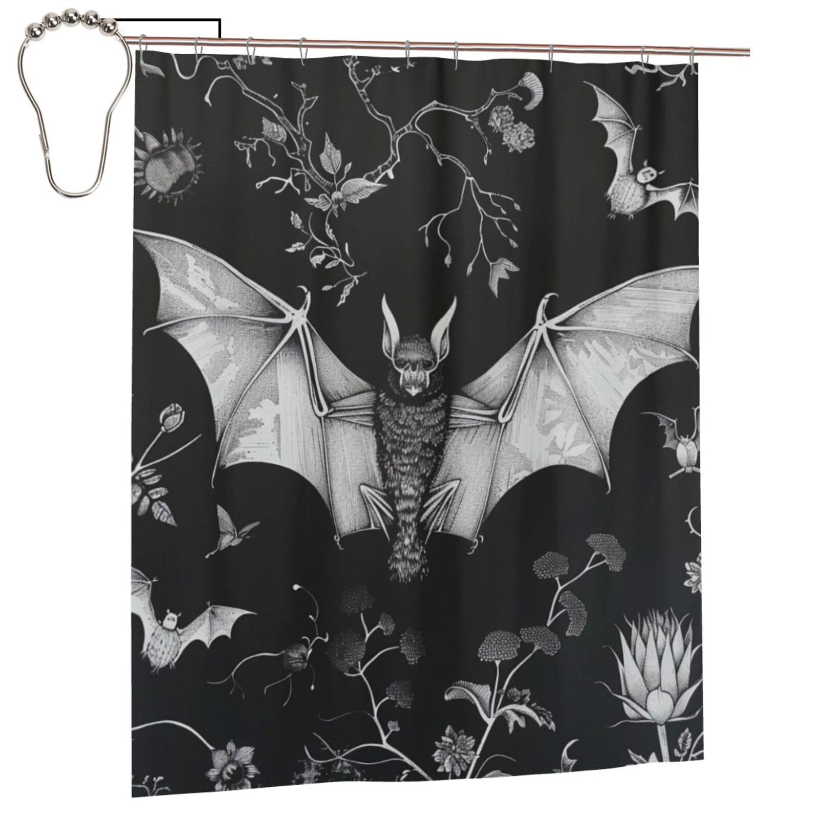 BWWHCCTI Bat Print Printed Shower Curtain With 12 Iron Hooks Opaque Quick Drying Waterproof Shower Curtains Sets For Bathroom 152x183 Cm