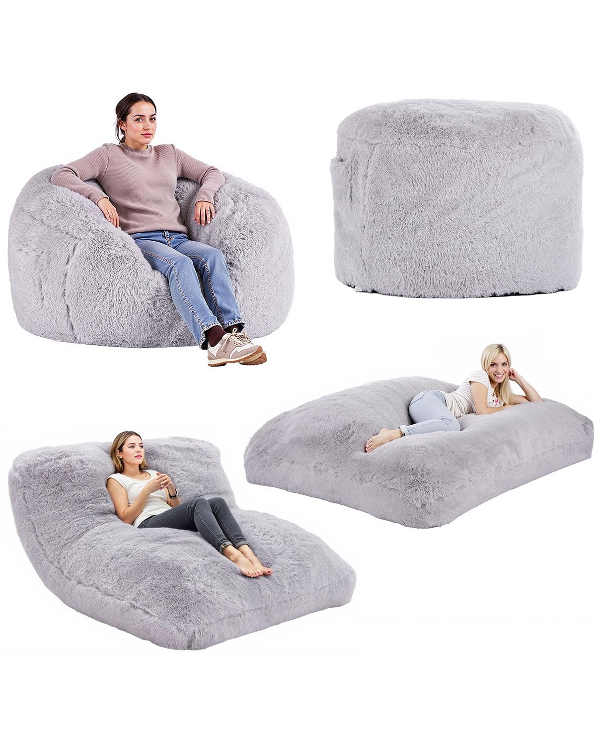 VEVOR Bean Bag Bed Chair, Convertible Chair from BeanBag to Lounge or Mattress, Gaint Bean Bag Chair Bed with Washable Cover for Adults, Fluffy Plush,