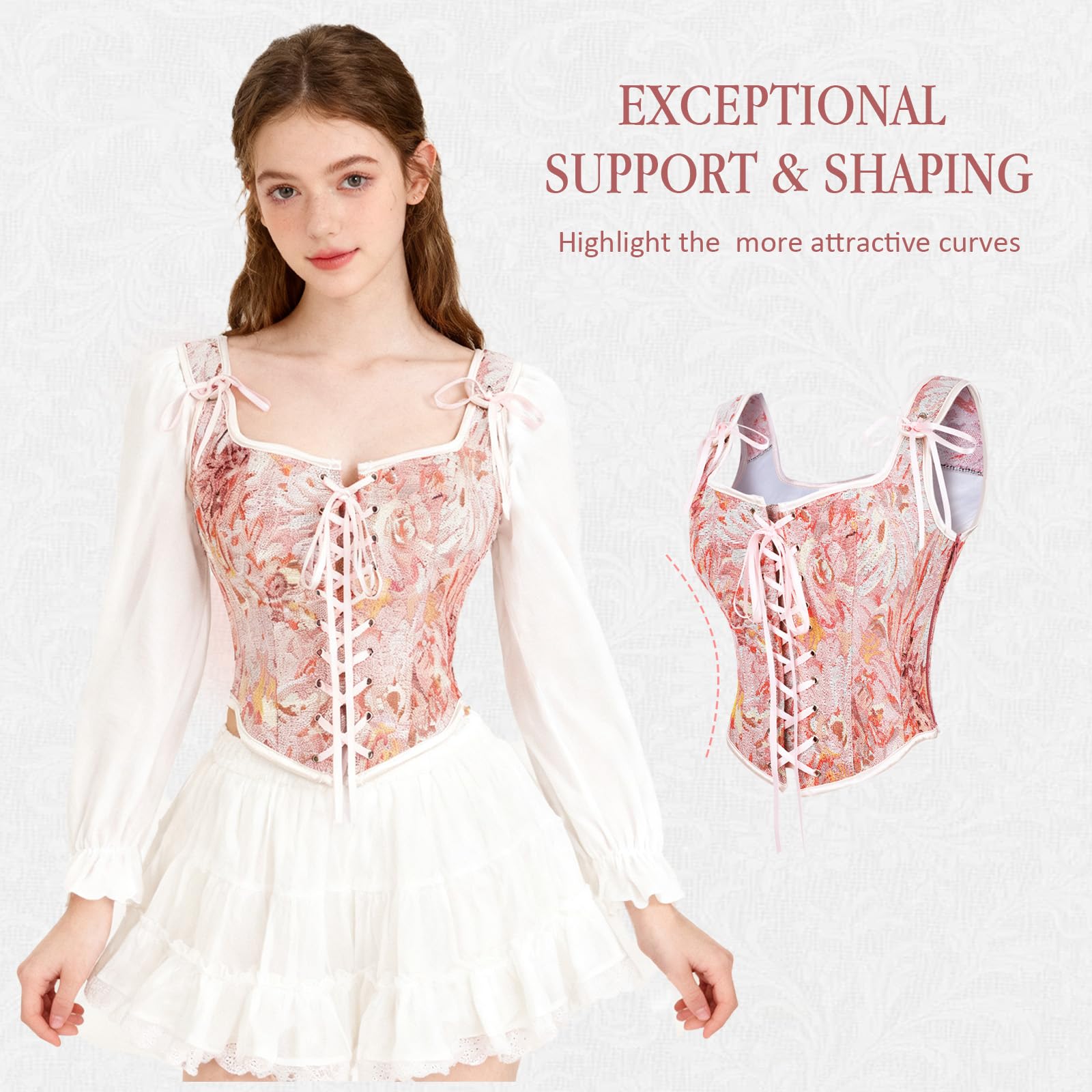 Corsé Renacentista para Mujeres, Bustier Floral con Encaje en la Espalda y Escote Redondo, Top Gótico Victoriano Steampunk para Festival