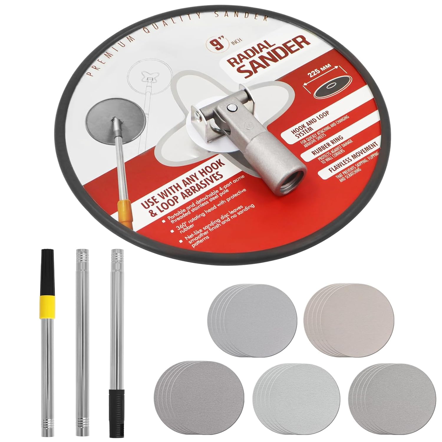 Pole Sander for Drywall, 9 Inch Radial Sander with Pole, Wall Sanders for Painting Prep, 360 𝑫𝒆𝒈𝒓𝒆𝒆 𝑹𝒐𝒕𝒂𝒓𝒚 Round Circular Hand Sanding Head for Ceilings