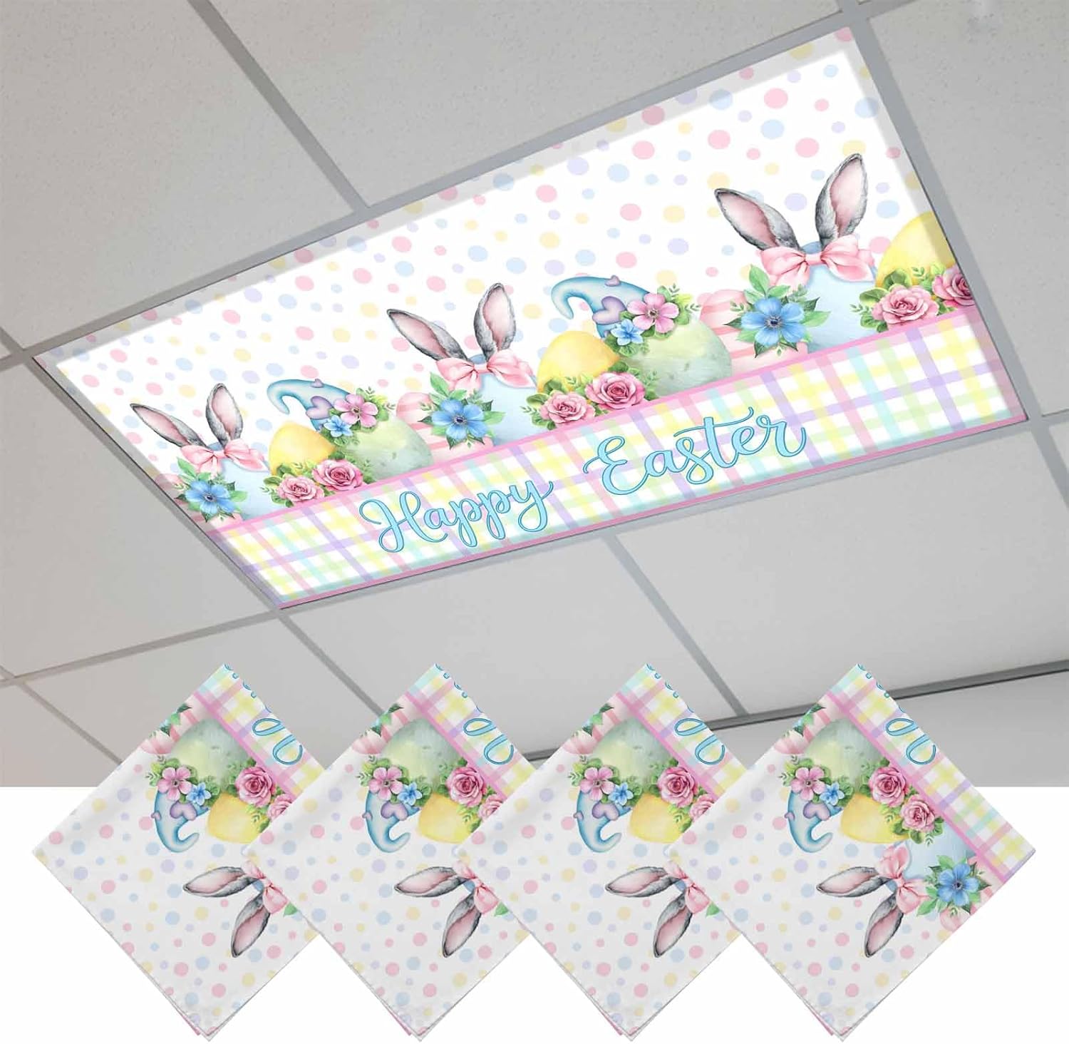 2x4 ft Fluorescent Light Cover for Ceiling Happy Easter Spring Flower Eggs Magnetic Light Filters, Rabbit Colorful Polka Dot Ceiling Lampshades for Home School Office 4Pcs