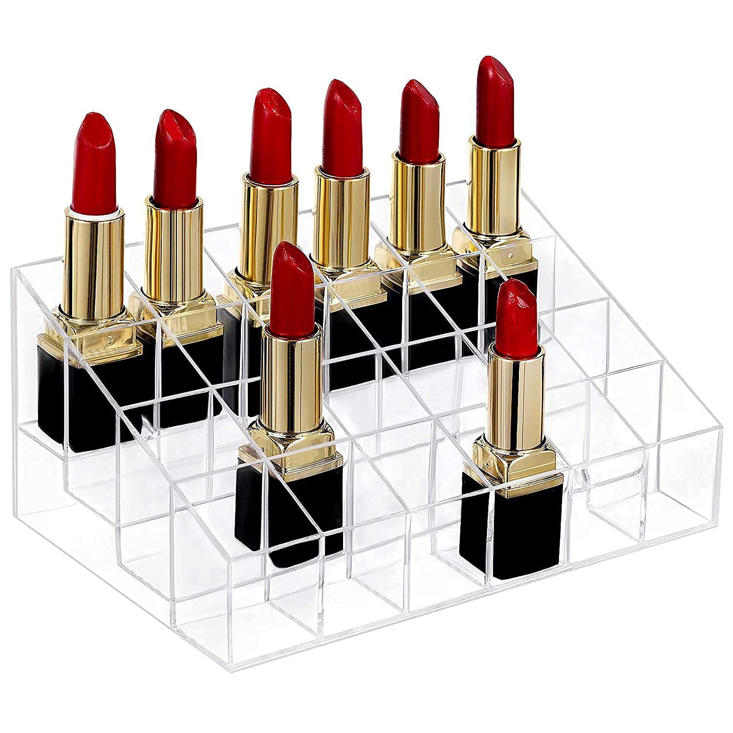 KASTWAVE Lipstick Holder, 24 Spaces Clear Acrylic Lipstick Organizer Display Stand Cosmetic Makeup Organizer for Lipstick, Brushes, Bottles, and More