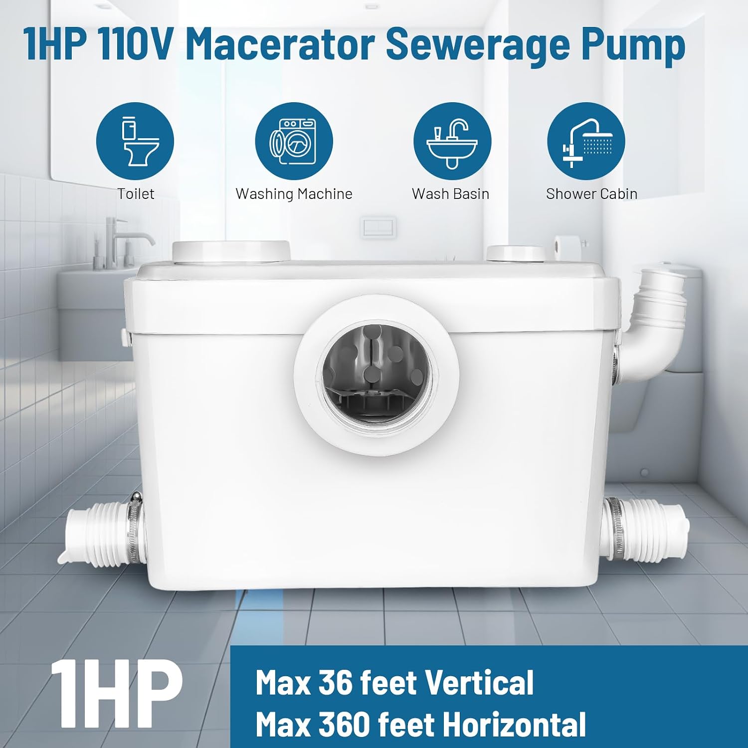 Macerating Toilet with Pump–Upflush Toilet System for Basement/Attic, 4 Water Inlets & AC Vent, 36ft Vertical Lift, Dual Flush, Easy Install,16.8" Skirted Toilet
