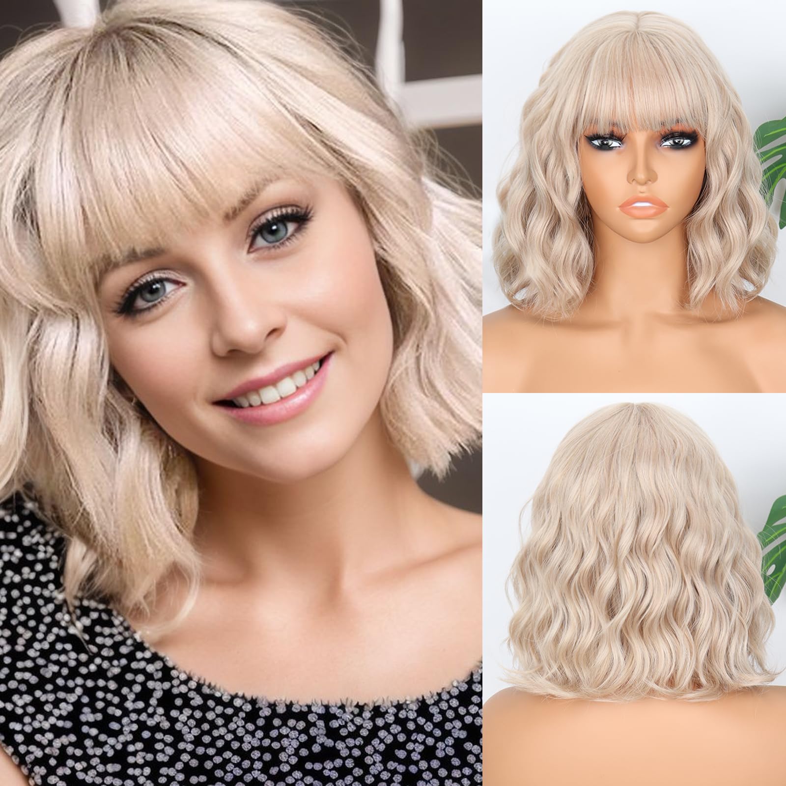 MISSQUEEN Blonde Wig Wavy Short Bob Blond Wigs With Air Bangs Shoulder Length Drity Blonde Wigs for Women Wavy Synthetic Cosplay Wig for Girl Costume
