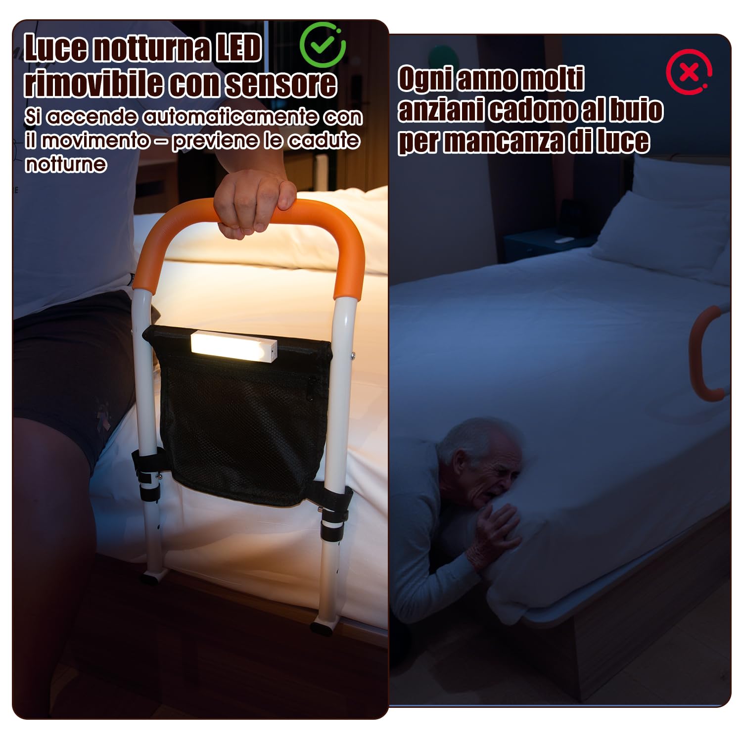 Zelvia Sponda letto Anziani, manico regolabile in altezza, con manico antiscivolo, luce a LED rimovibile con custodia, per anziani e pazienti di riabilitazione (Nero)