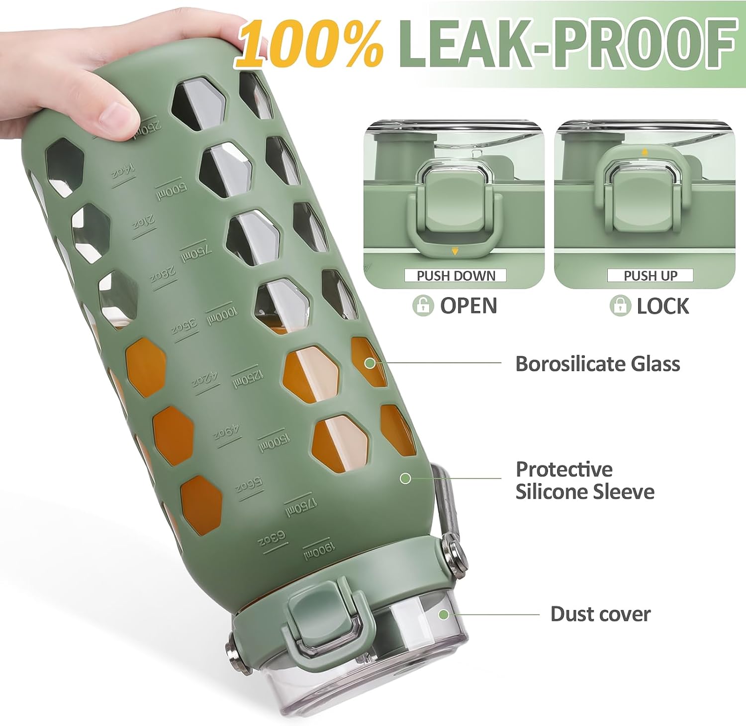 MUKOKO 64oz Glass Water Bottles with Straw and Lid,Half Gallon Water Bottle with Time Marker,Large Glass Water Jug with Silicone Sleeve and Stainless Steel Handle-Olive - Image 4