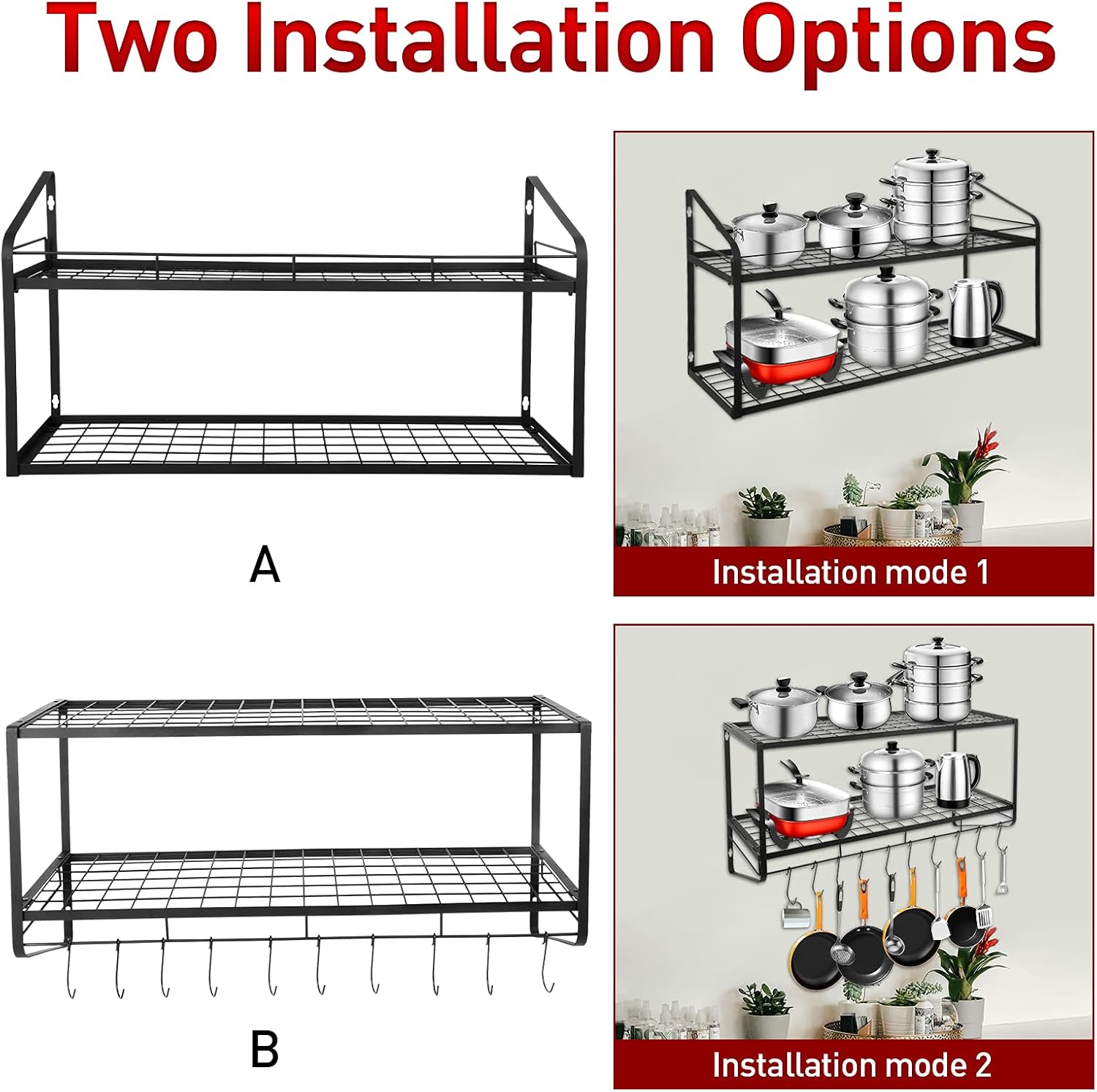 Hanging Pot Rack, Amtiw 2 Tier Pan Rack, Wall Mounted Pot Holders for Kitchen Storage, Pot and Pan Organizer with 10 Hooks, Ideal for Pans Set, Utensils, Cookware, Household. : Home & Kitchen