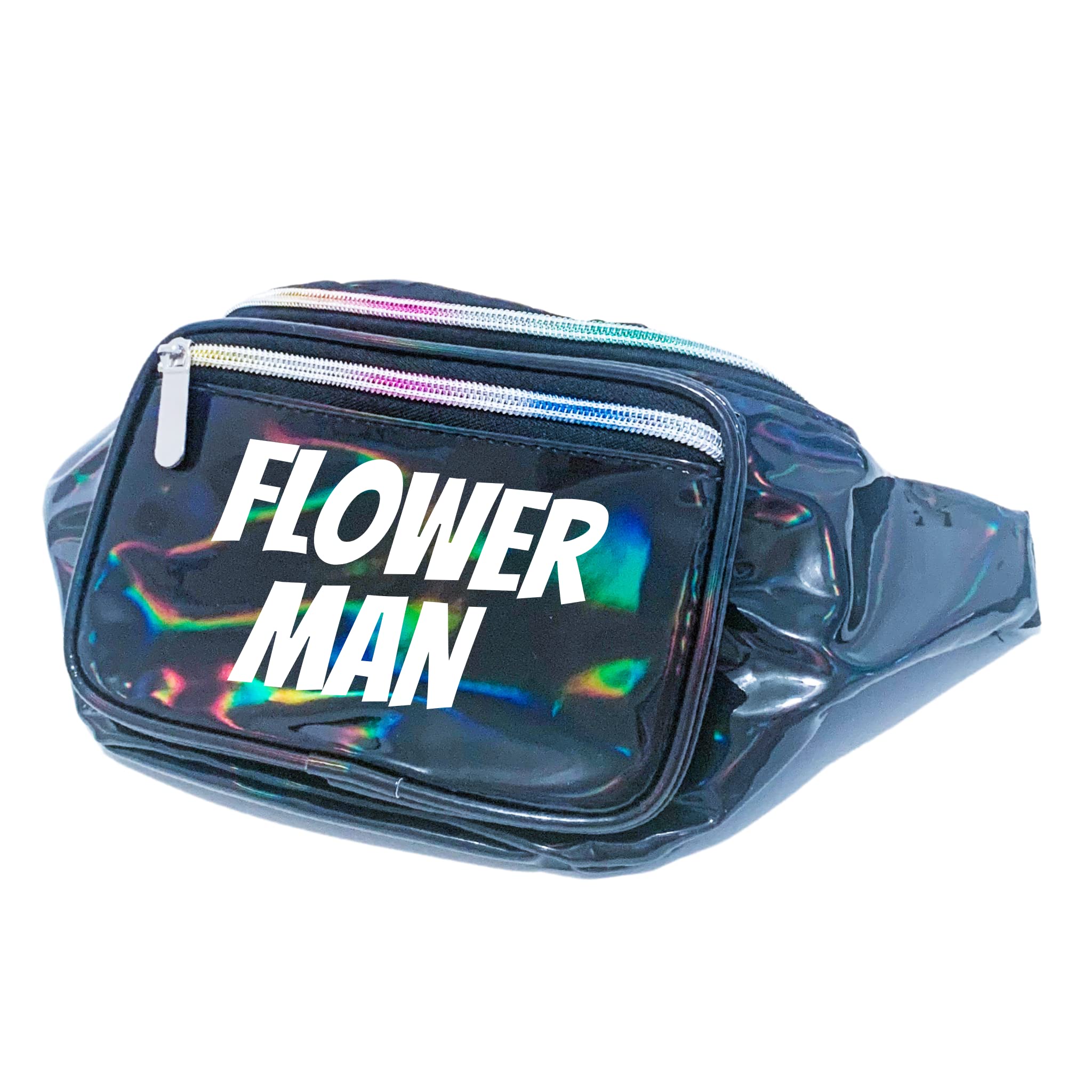 Flower Man Holographic Metallic Fanny Pack (Black w/White Text)