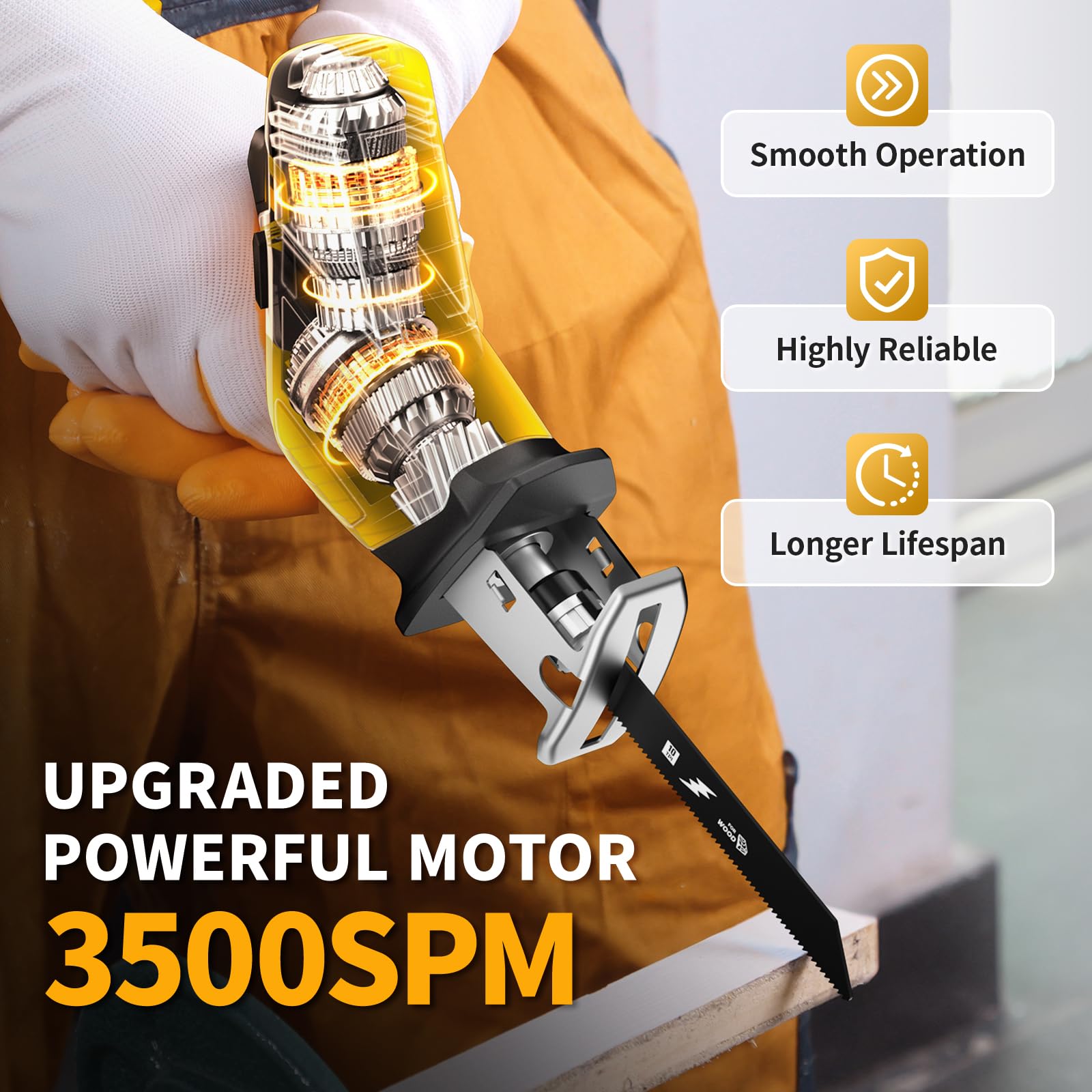 Condition photo showing New/Like New for fullyea reciprocating saw cordless, variable speed 0-3500spm power reciprocating saw, tool-free blade change, battery reciprocating saws with 4 saw blades for woods/metal/plastic cutting, yellow