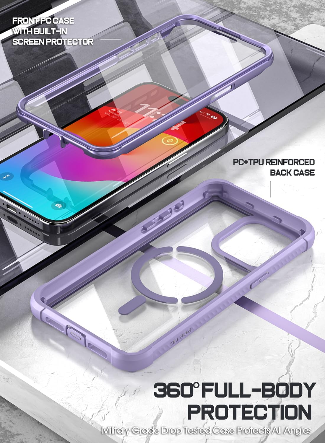 Poetic Guardian MagPro Case for iPhone 15 Pro Max 6.7 Inch,[Compatible with MagSafe][20 FT Mil-Grade Drop Tested] Full-Body Shockproof Rugged Clear Cover with Built-in Screen Protector, Purple/Clear