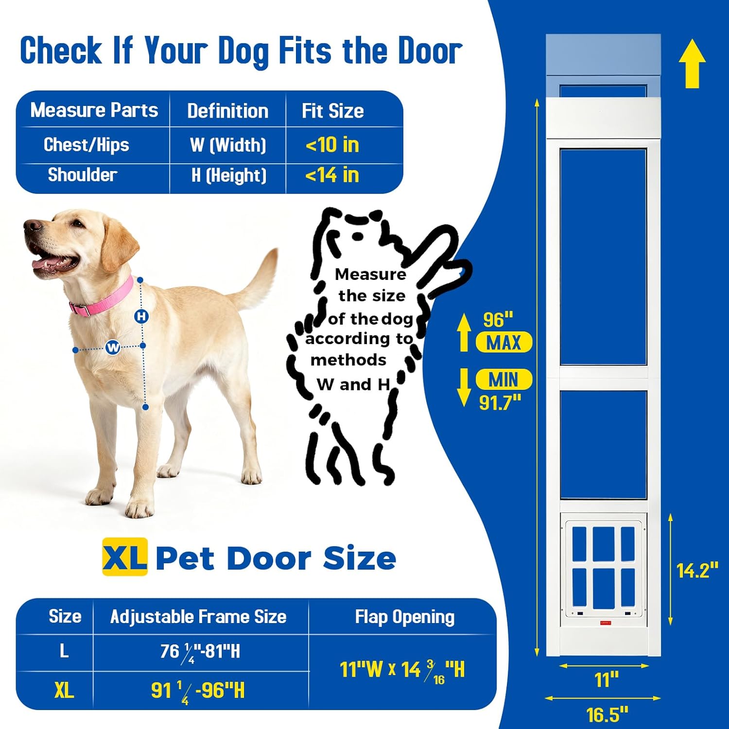 CypherX Dog Door for Sliding Glass Doors, Large Pet Door with Tempered Glass and Heavy-Duty Aluminum Frame, 91" to 96" Adjustable Height Doggy Door with Lockable Acrylic Flap, Easy to Install