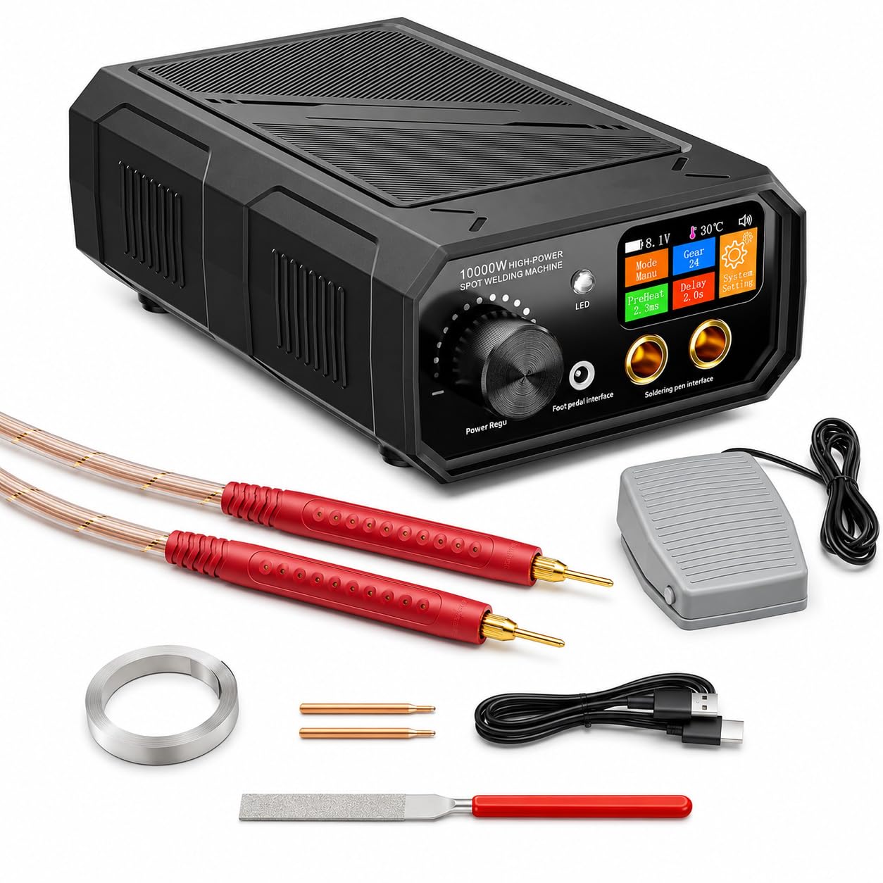 Soldadora por Puntos Portátil para Baterías, 10000W de Potencia Máxima, Batería Integrada de 10000mAh, Soldadora de Doble Pulso con 90 Niveles Ajustables, Modos Automático y Pedal | 10000W,10000mAh,90 Niveles