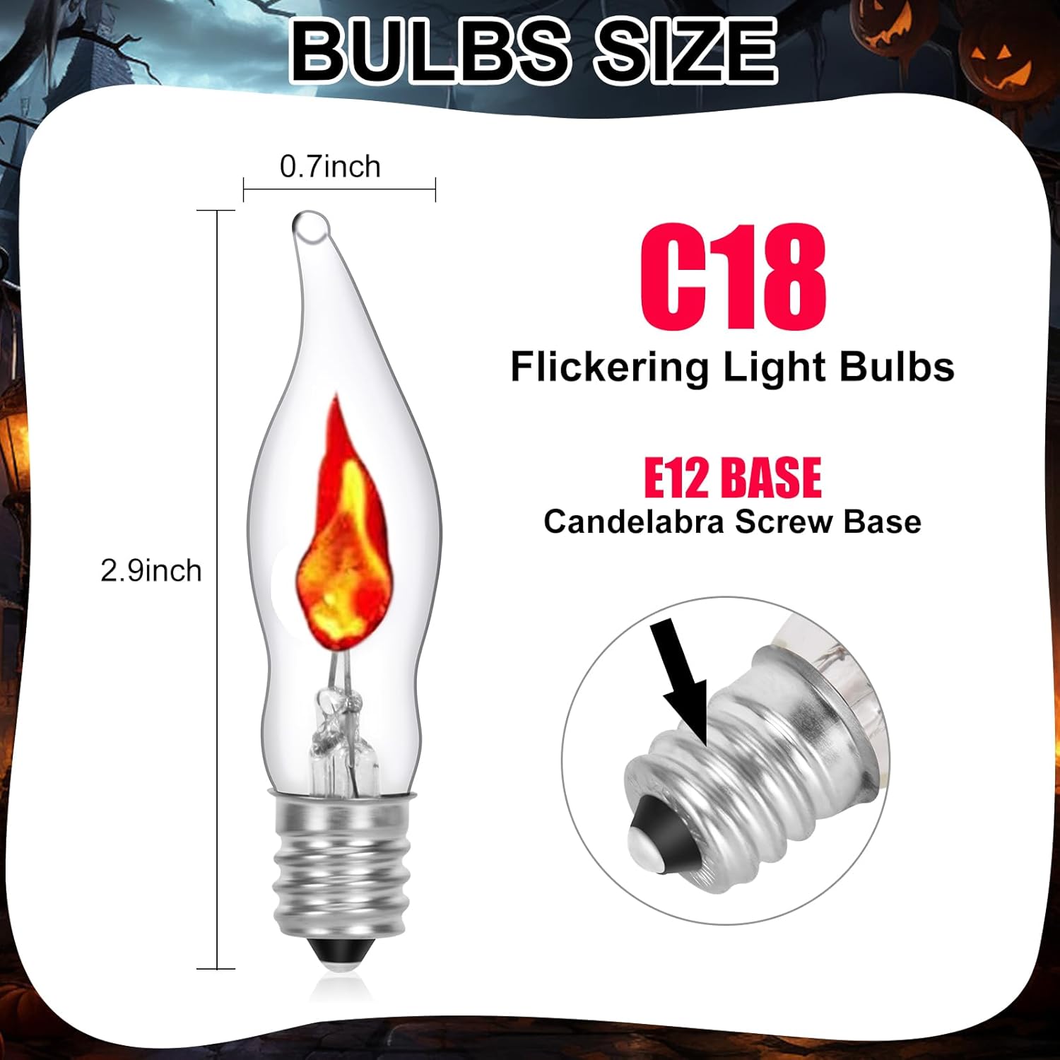 Halloween Flicker Flame Light Bulb, C18 Clear Flame Candelabra Replacement Bulbs, Halloween Decorations, 120 Volts, E12 Flame Candelabra Base Bulbs, 12 Pack
