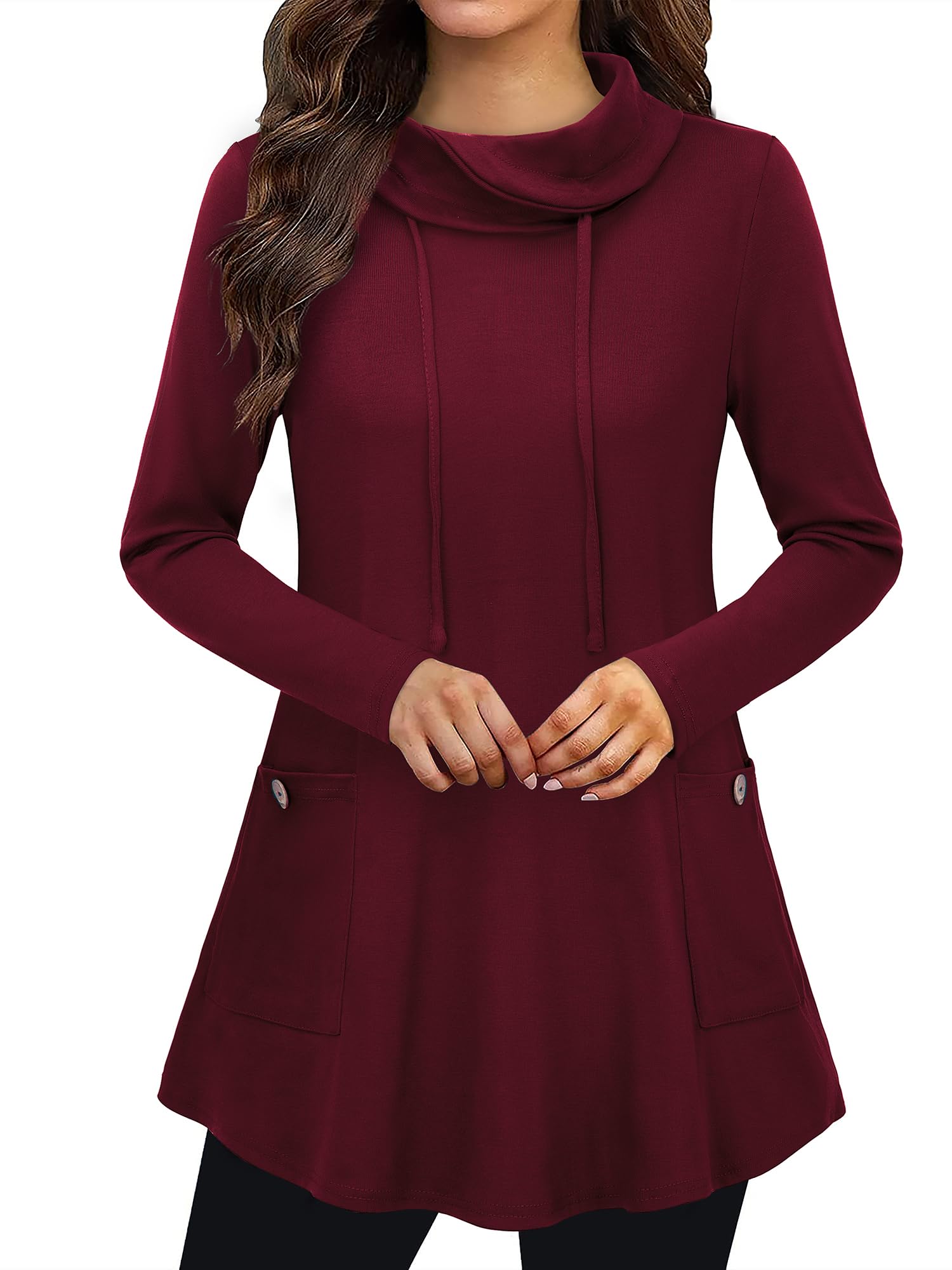 Bulotus Womens Sweaters Winter 2025 Cowl Neck Asymmetrical Long Tunics for Leggings Vacation Travel Tops with Pockets