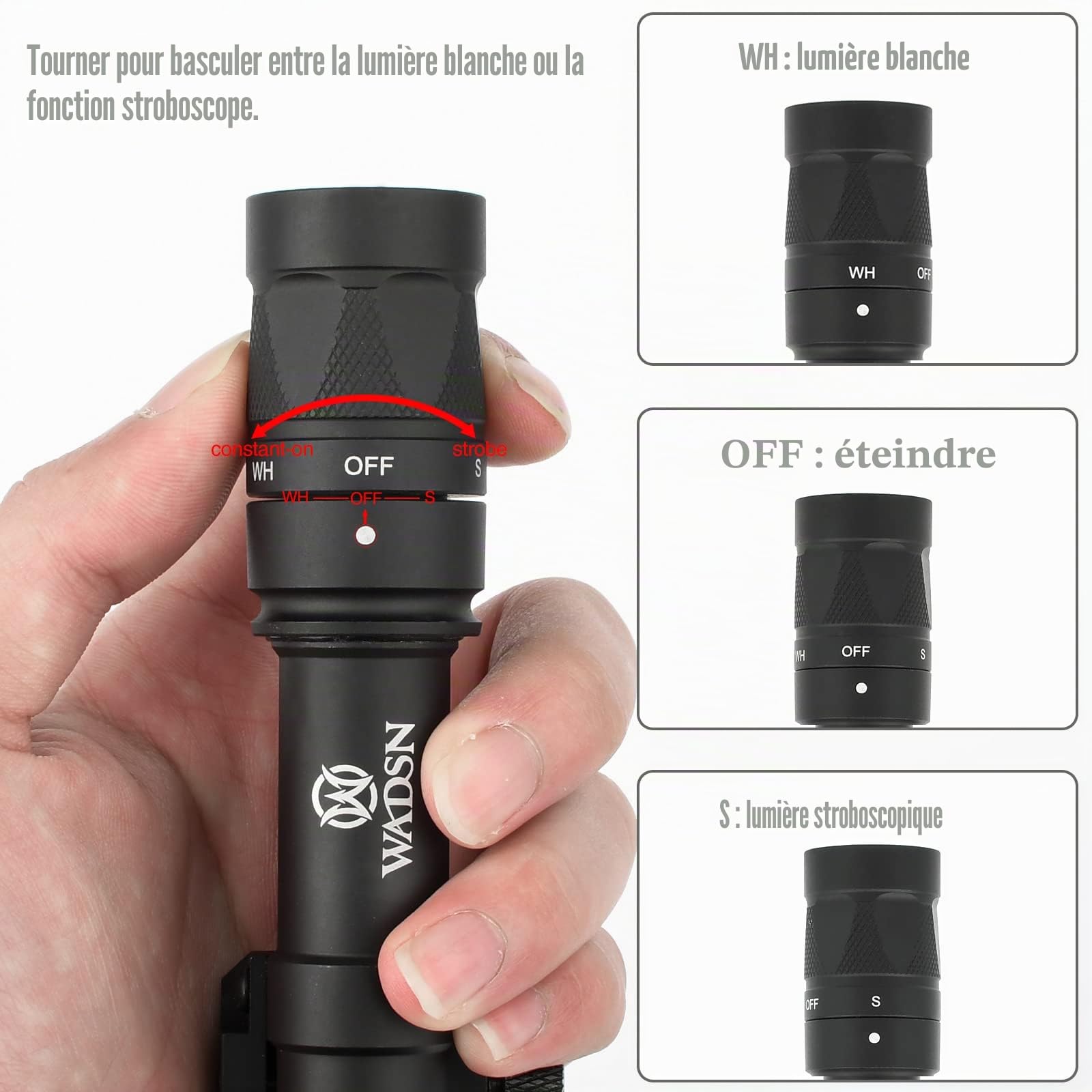 M600W Lampe de poche Tactique poing flash à double fonction, lampe de reconnaissance à 600 lumens pour le système ferroviaire Picatinny de 20 mm (Noir)