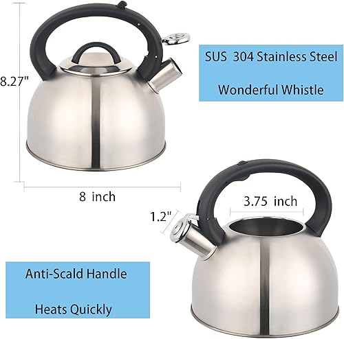 Miniatura 6 de Tetera de acero inoxidable para estufa, tetera silbante de 2.8 cuartos de galón para estufa con mango anticalor y botón de apertura y cierre de un