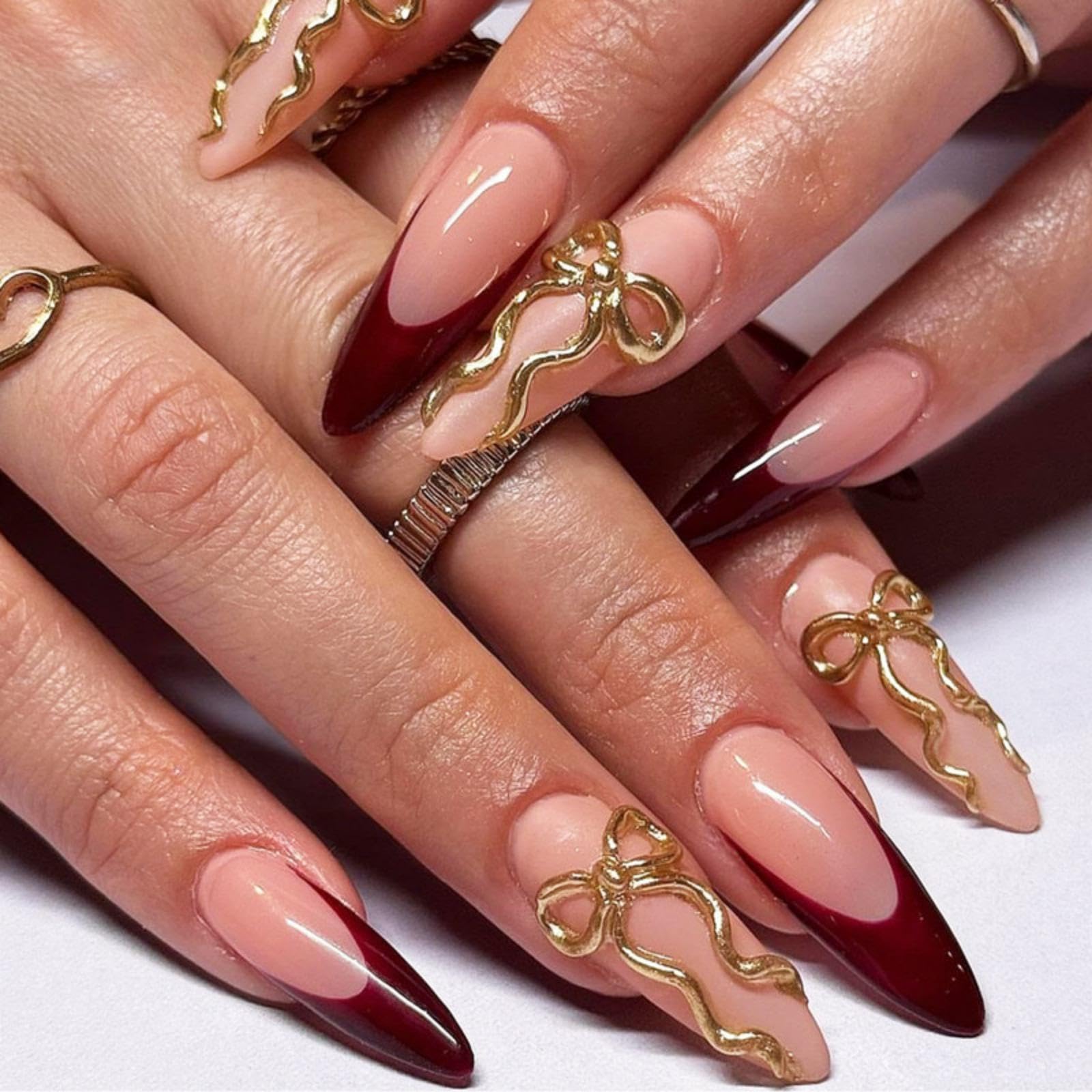 Wine Red French Tips Press on Nails Long Stiletto Fake Nails with Gold Bow Charms Design Almond False Nails Glossy Reusable Red Nail for Women Girls