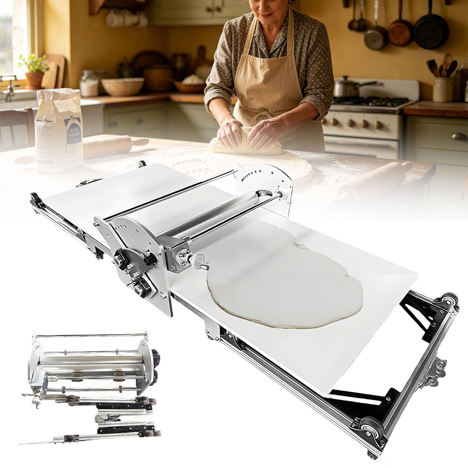 Ymnogjie Electric Dough Sheeter,Adjustable Thickness 0.07"-1.18",Dough Sheeter Machine,for Puff,Fondant Pastry,Pizza,Folding Design for Home Baking and Commercial